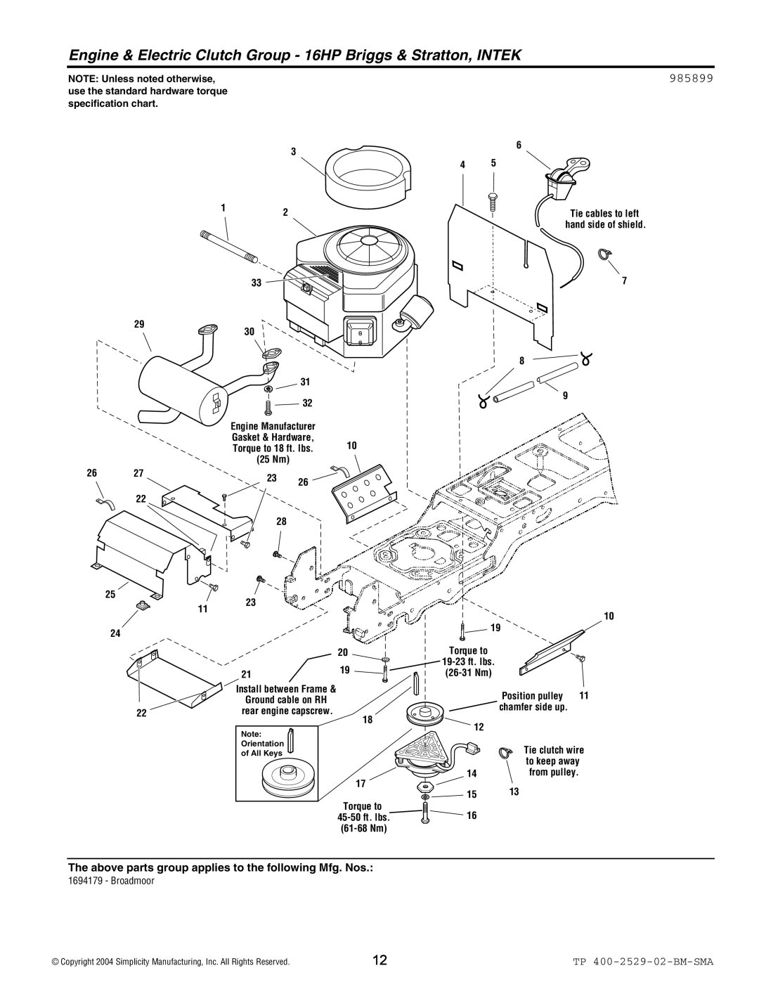 Snapper Broadmoor 2600 manual Engine & Electric Clutch Group 16HP Briggs & Stratton, Intek, 985899 