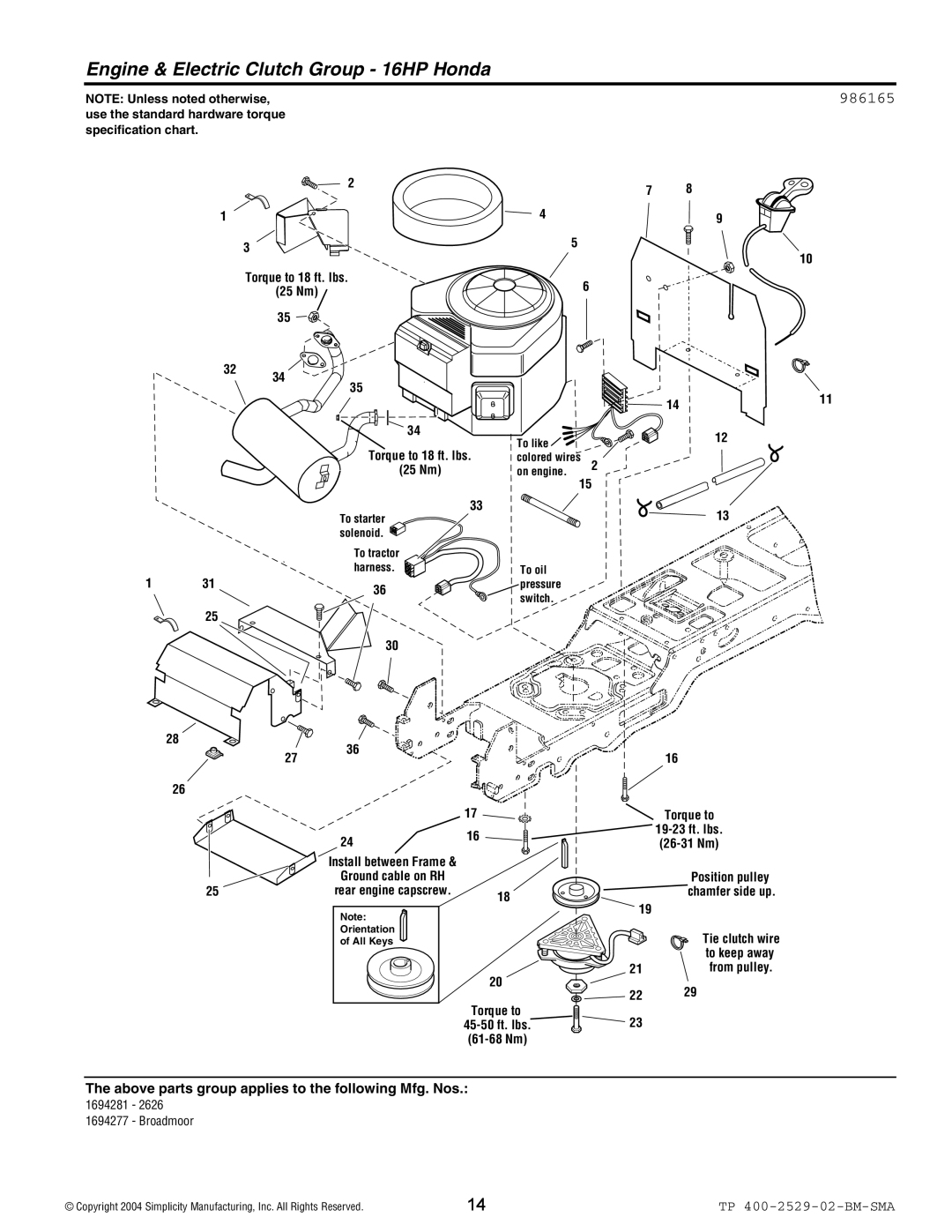 Snapper Broadmoor 2600 manual Engine & Electric Clutch Group 16HP Honda, 986165 