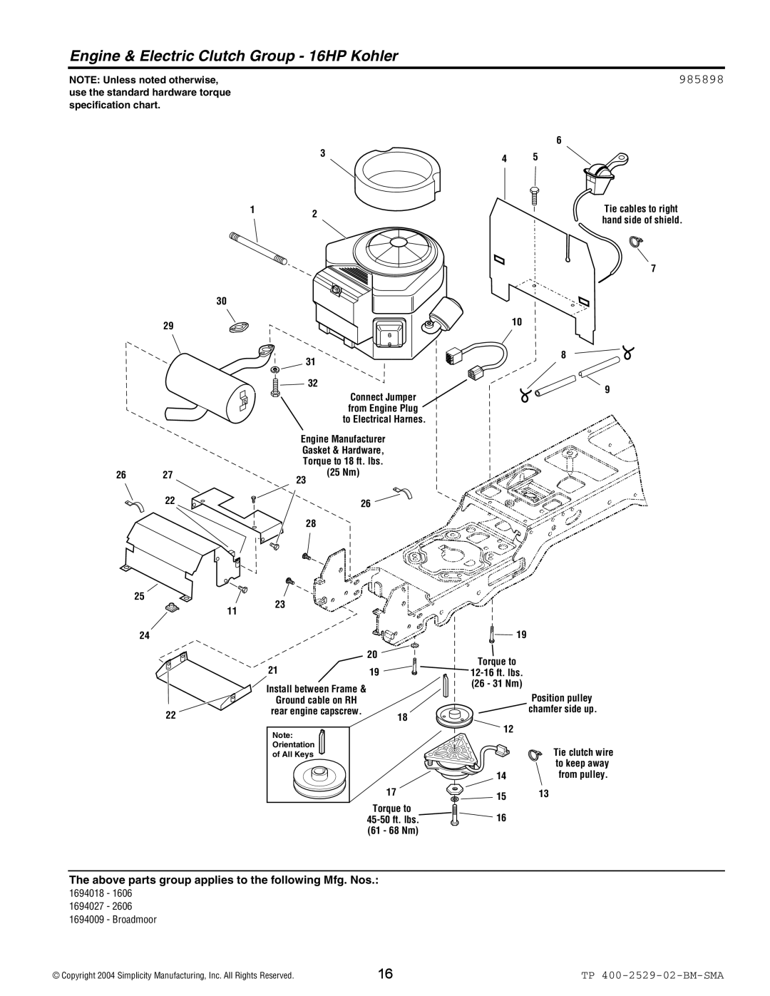 Snapper Broadmoor 2600 manual Engine & Electric Clutch Group 16HP Kohler, 985898 