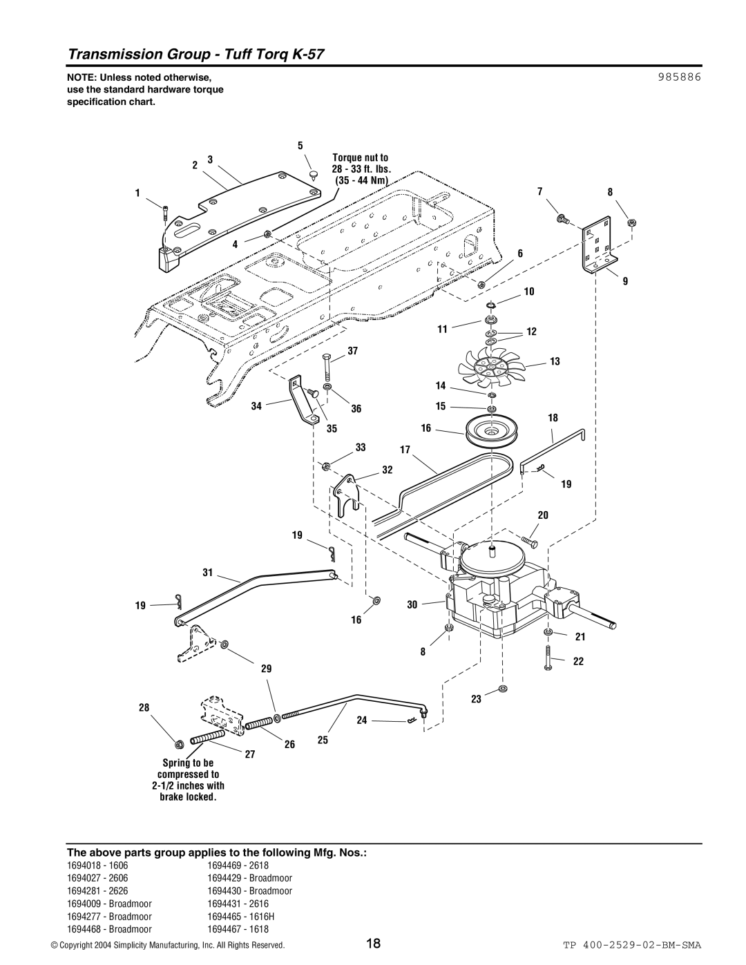 Snapper Broadmoor 2600 manual Transmission Group Tuff Torq K-57, 985886 