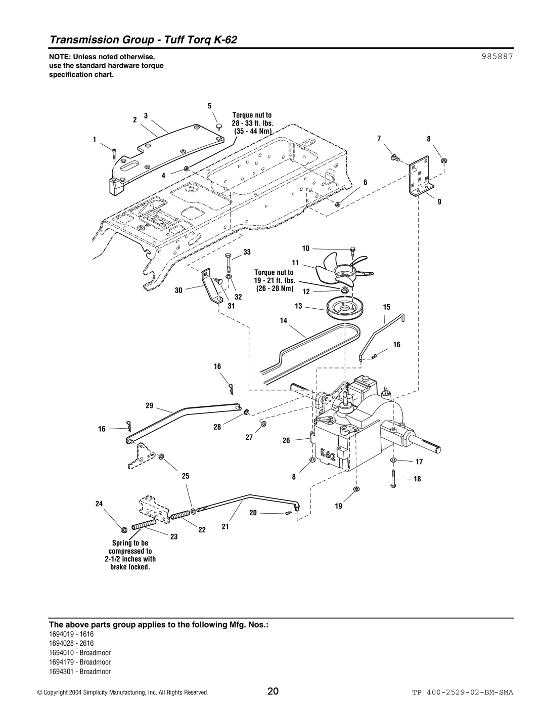 Snapper Broadmoor 2600 manual Transmission Group Tuff Torq K-62, 985887 