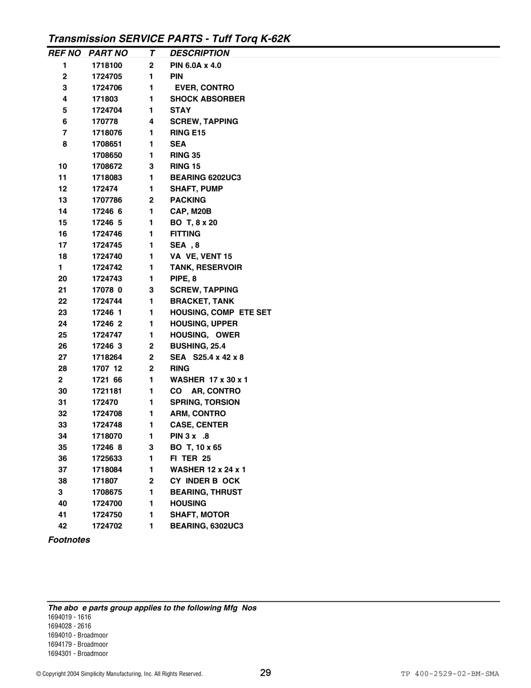 Snapper Broadmoor 2600 Shock Absorber, Stay, Seal, CAP, M20B, Fitting, VALVE, Vent, TANK, Reservoir, Pipe, BRACKET, Tank 