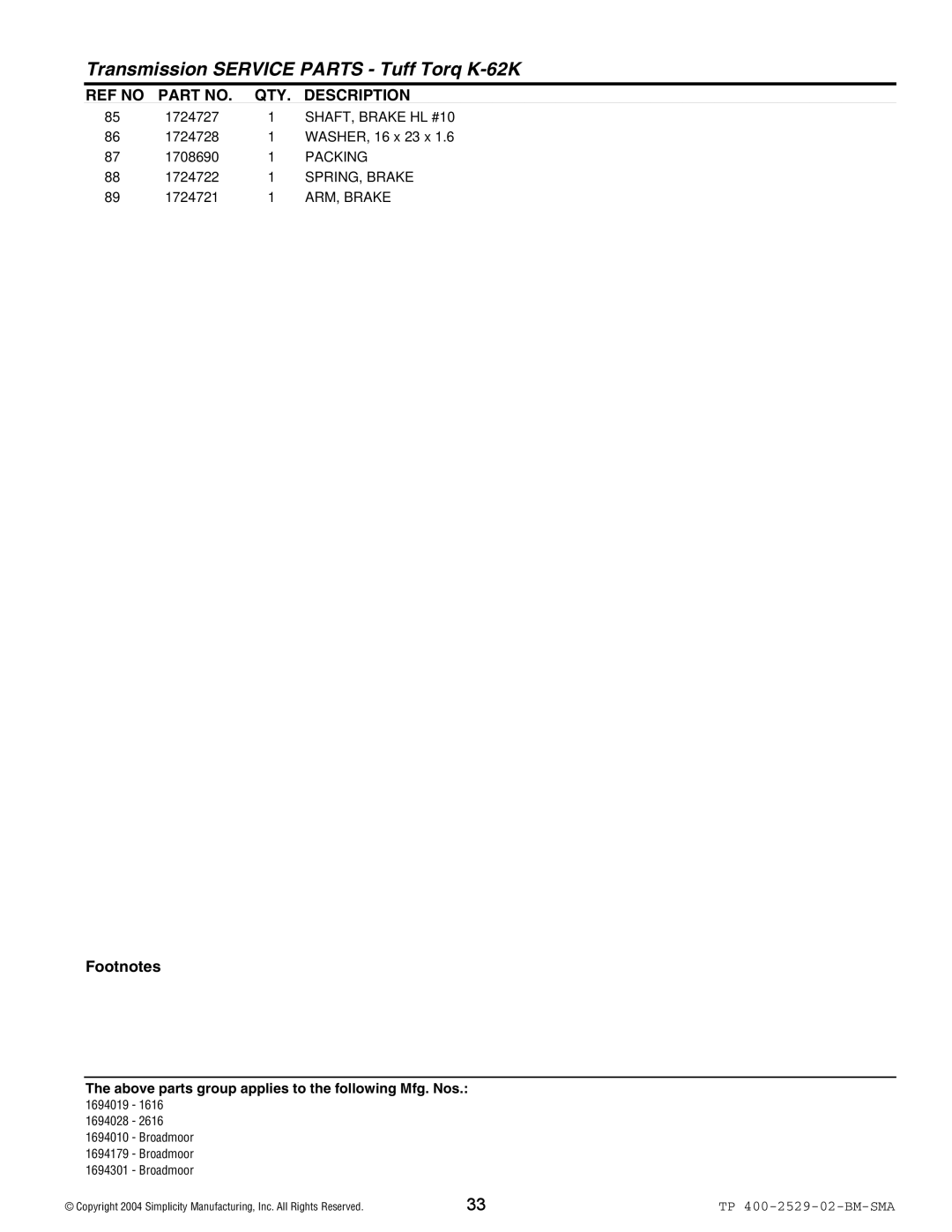 Snapper Broadmoor 2600 manual SHAFT, Brake HL #10, SPRING, Brake 