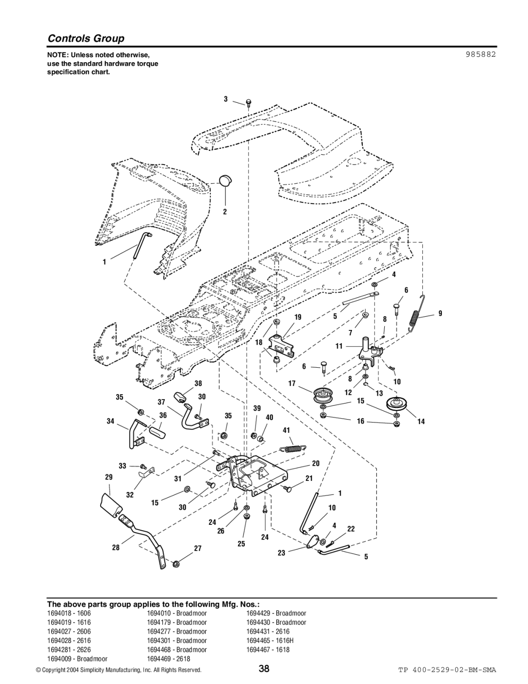 Snapper Broadmoor 2600 manual Controls Group, 985882 