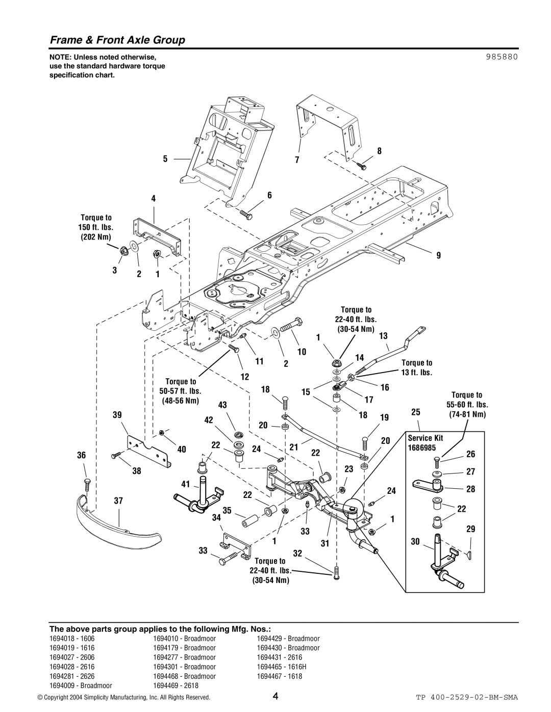 Snapper Broadmoor 2600 manual Frame & Front Axle Group, 985880 