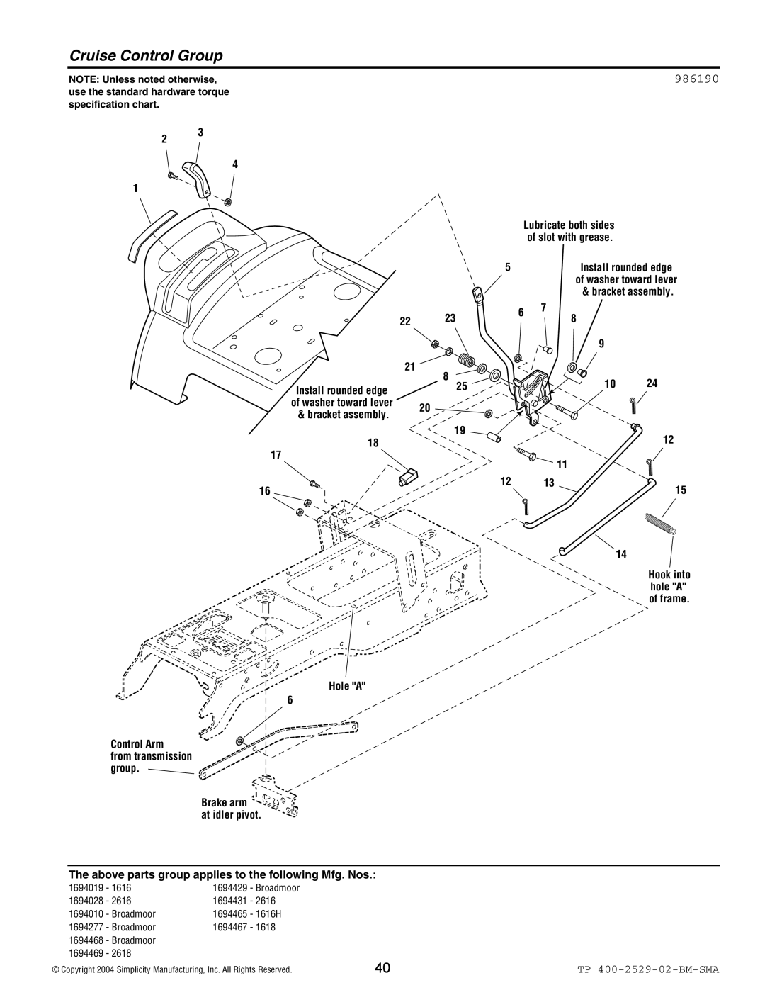 Snapper Broadmoor 2600 manual Cruise Control Group, 986190 