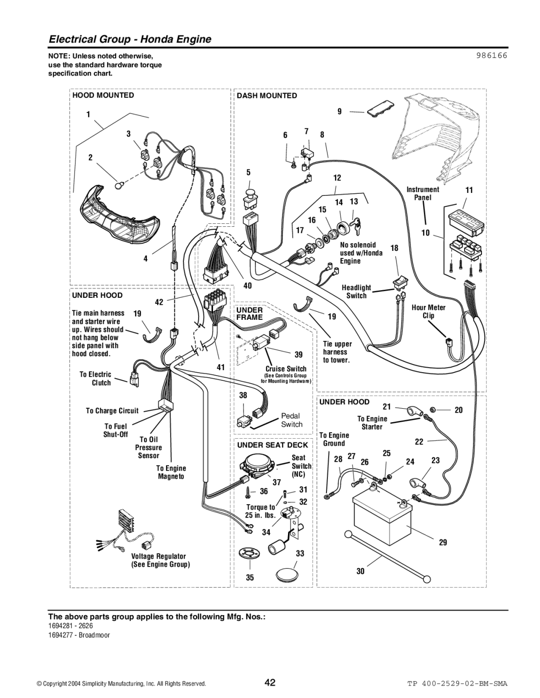 Snapper Broadmoor 2600 manual Electrical Group Honda Engine, 986166 