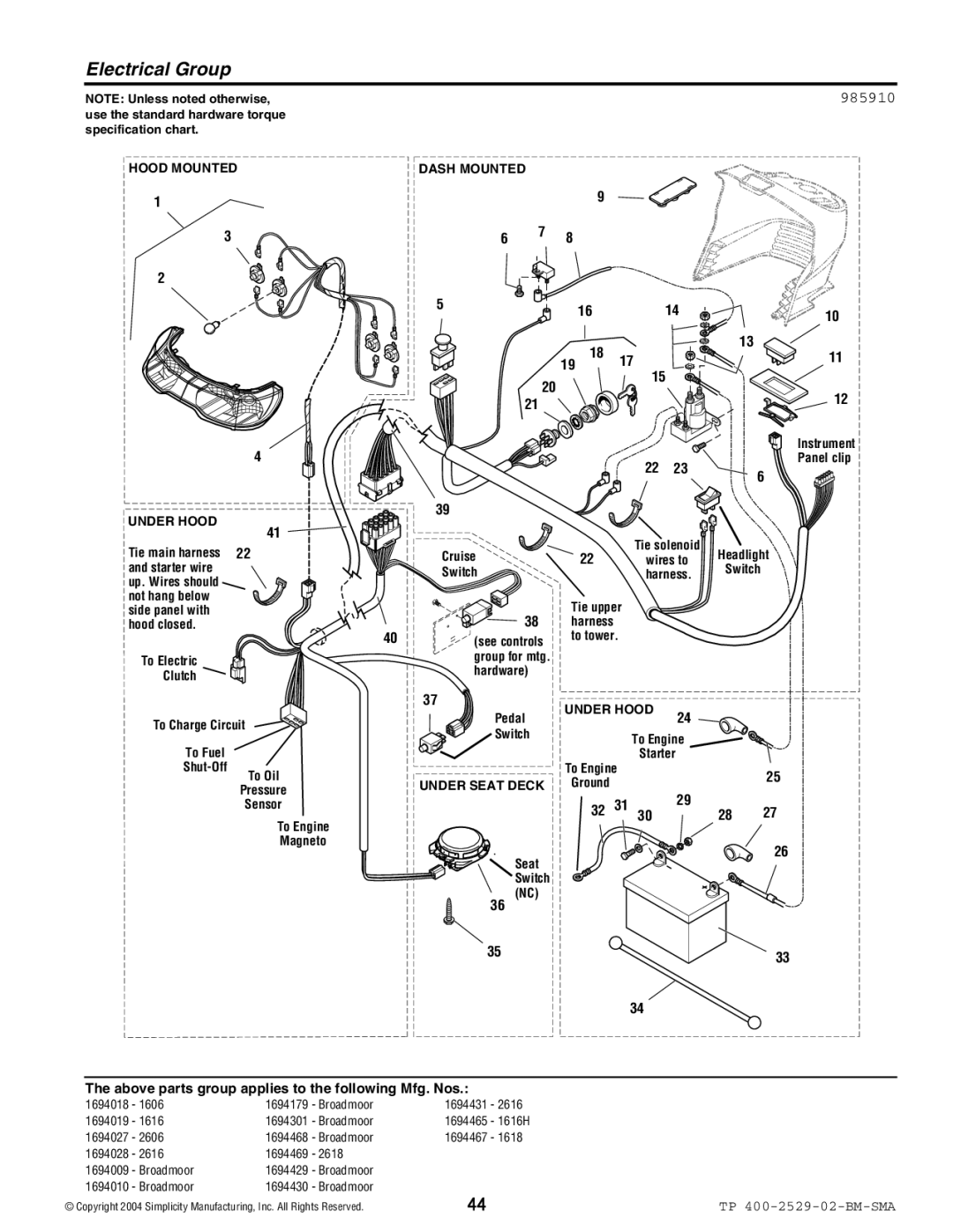 Snapper Broadmoor 2600 manual Electrical Group, 985910 