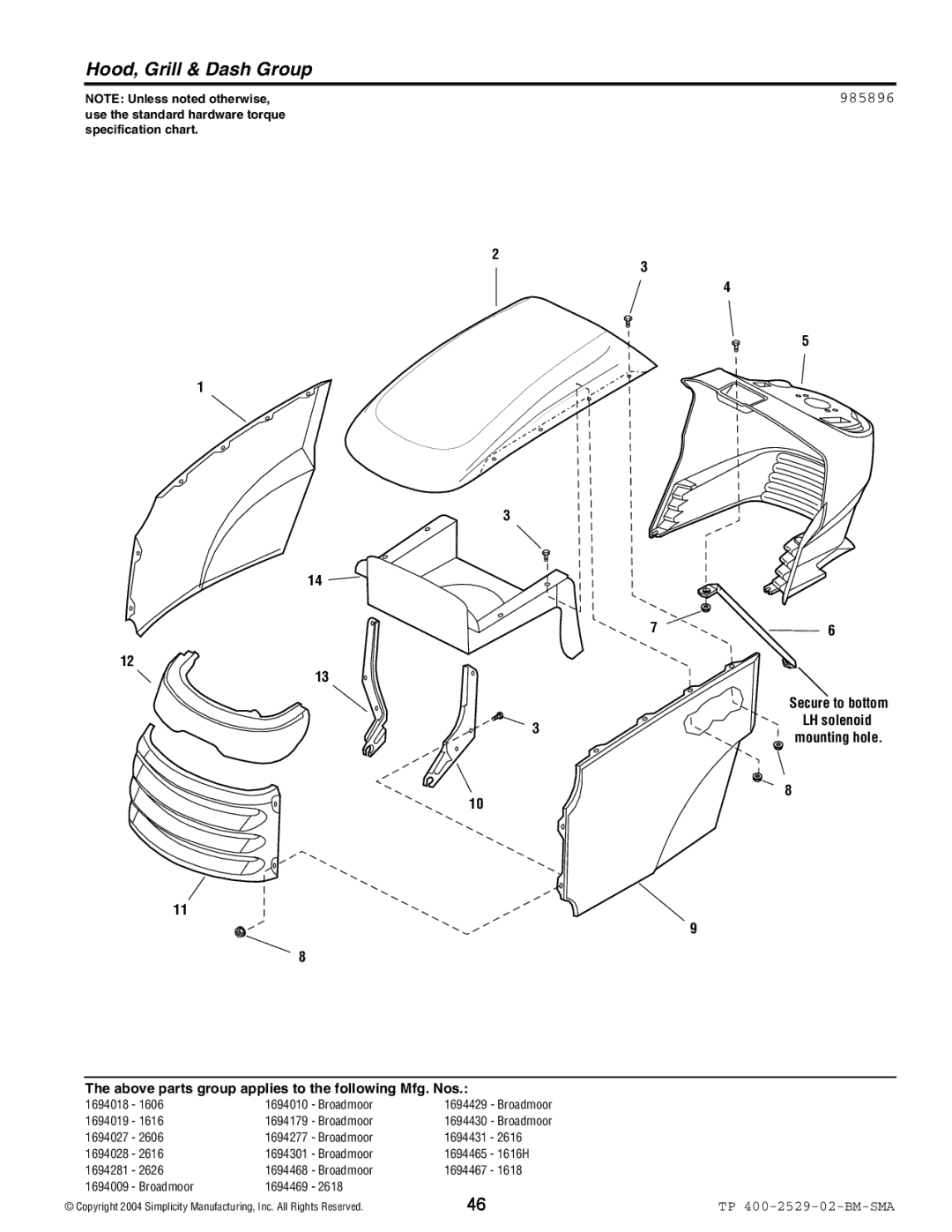 Snapper Broadmoor 2600 manual Hood, Grill & Dash Group, 985896 