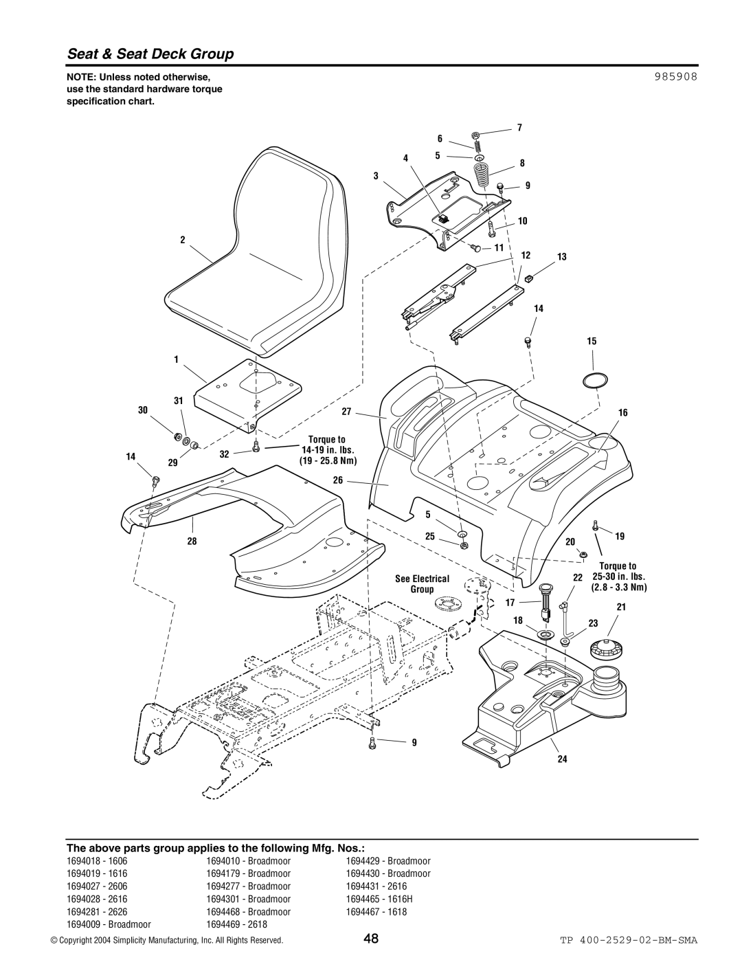 Snapper Broadmoor 2600 manual Seat & Seat Deck Group, 985908 