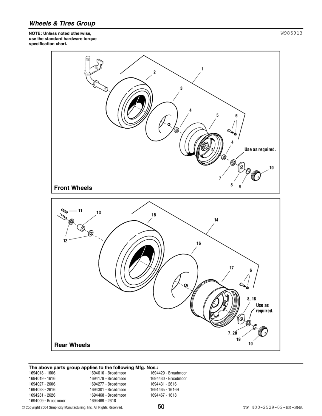 Snapper Broadmoor 2600 manual Wheels & Tires Group, W985913 