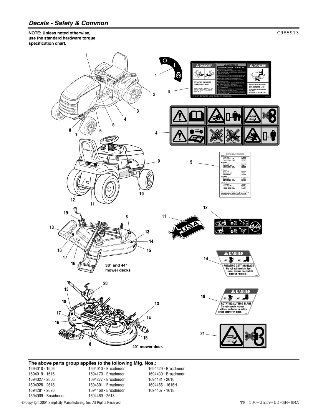 Snapper Broadmoor 2600 manual Decals Safety & Common, C985913 