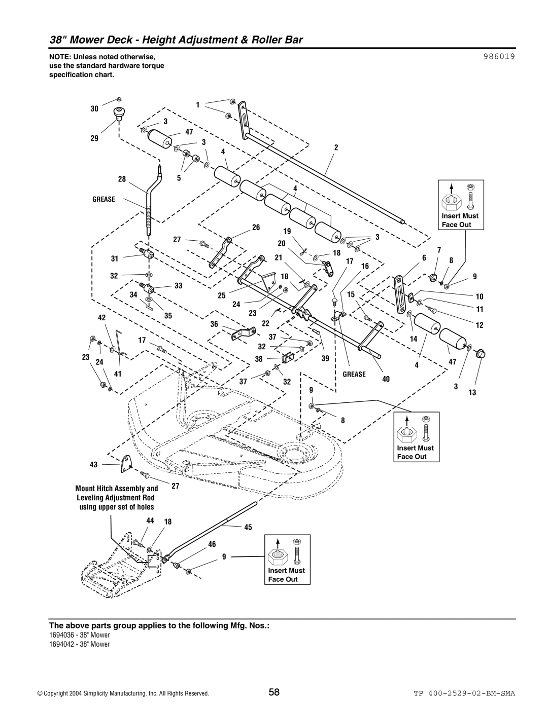 Snapper Broadmoor 2600 manual Mower Deck Height Adjustment & Roller Bar, 986019 