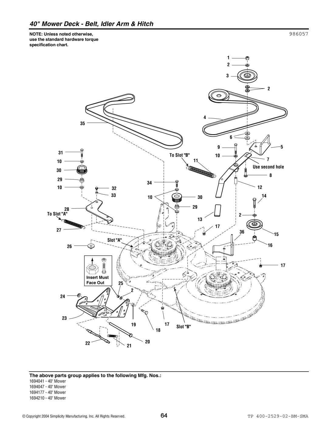 Snapper Broadmoor 2600 manual Mower Deck Belt, Idler Arm & Hitch, 986057 