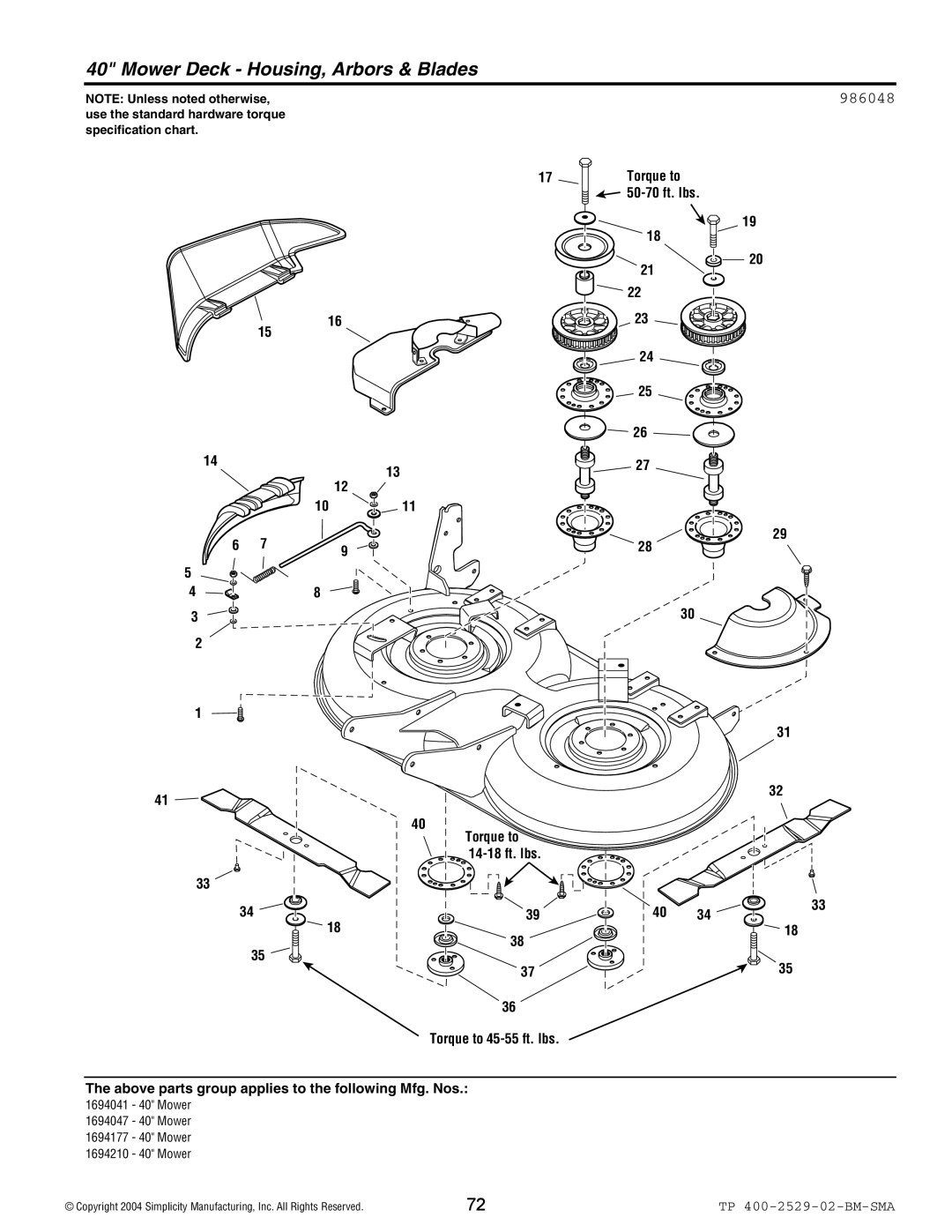 Snapper Broadmoor 2600 manual Mower Deck Housing, Arbors & Blades, 986048 