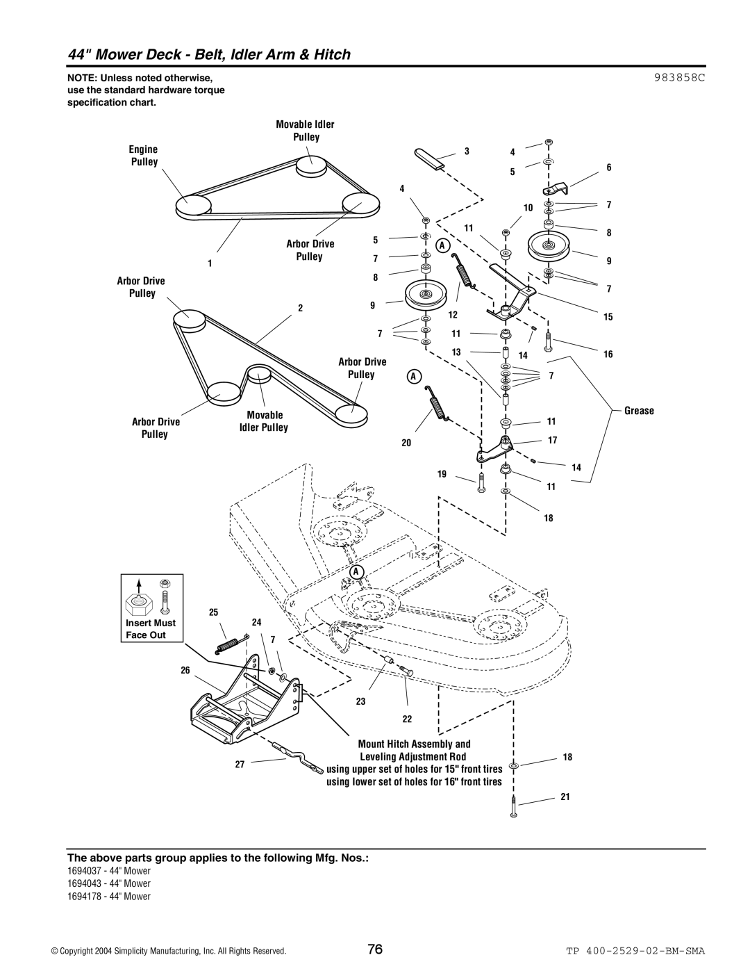 Snapper Broadmoor 2600 manual Mower Deck Belt, Idler Arm & Hitch, 983858C 