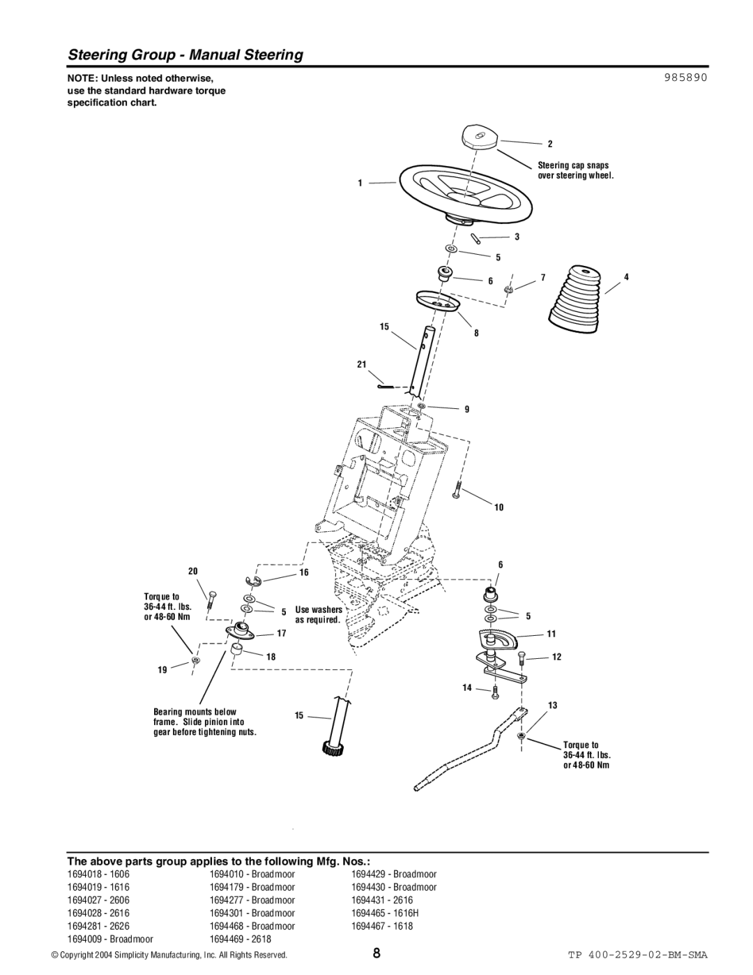 Snapper Broadmoor 2600 manual Steering Group Manual Steering, 985890 