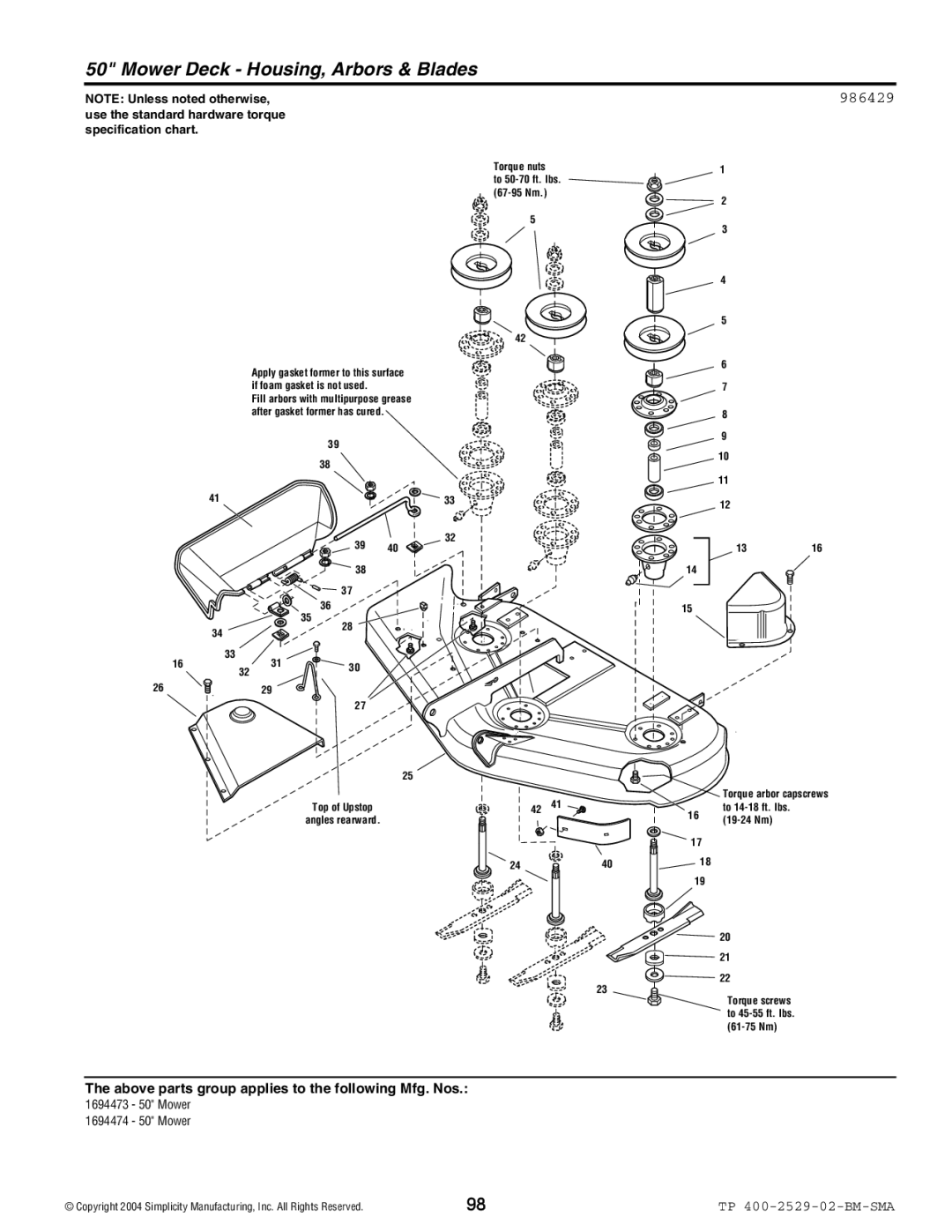 Snapper Broadmoor 2600 manual Mower Deck Housing, Arbors & Blades 