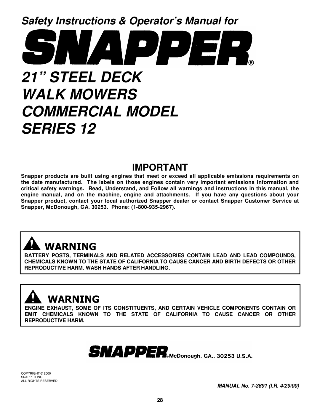 Snapper C216012RV, CP214012R2, VCP216012RV important safety instructions Steel Deck Walk Mowers Commercial Model Series 