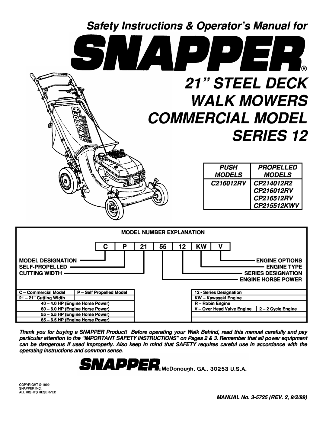 Snapper GP215512KWV important safety instructions 21” STEEL DECK, Walk Mowers Commercial Model Series, Push, Propelled 