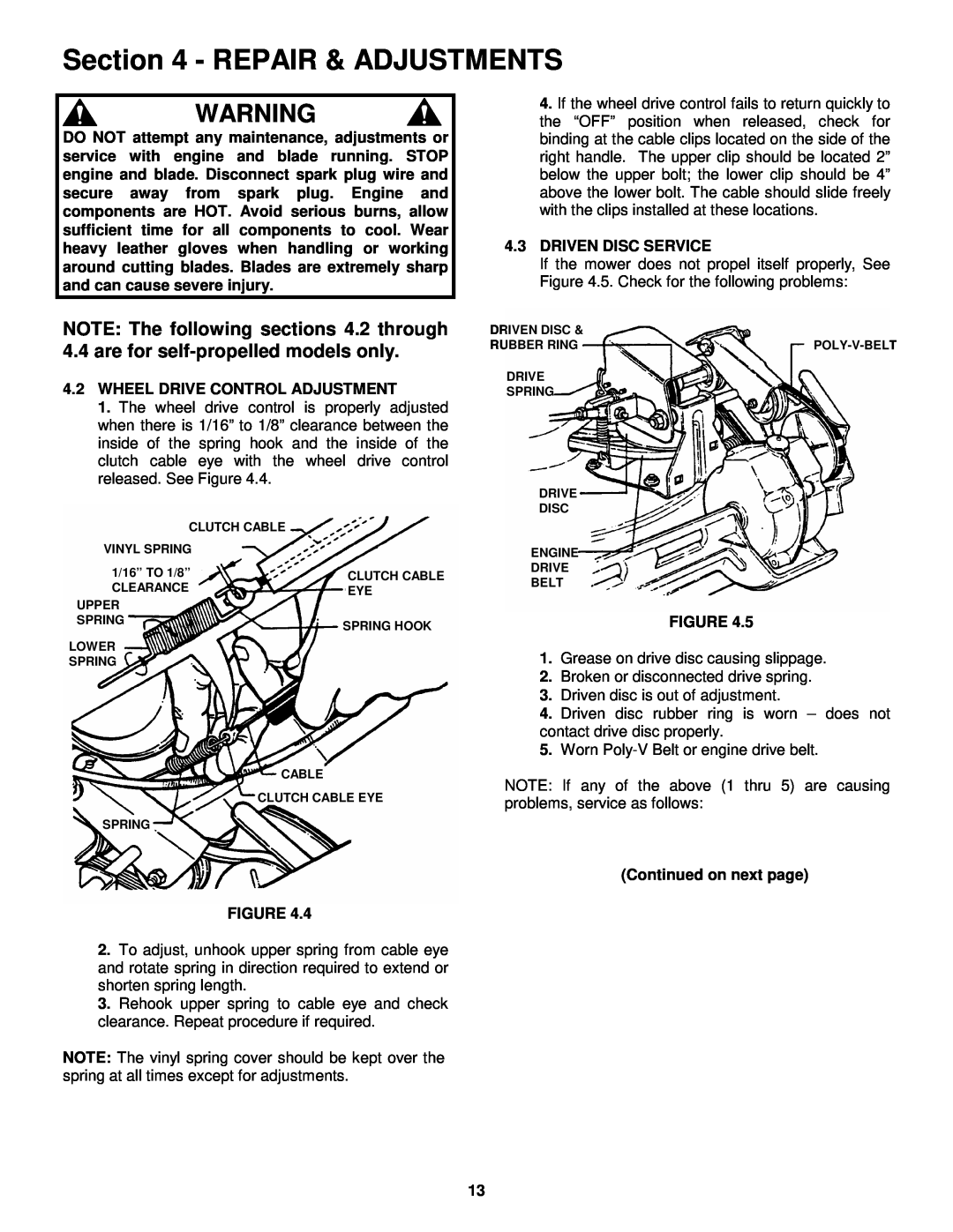 Snapper GP215512KWV, C216012RV, GP216512RV Repair & Adjustments, 4.2WHEEL DRIVE CONTROL ADJUSTMENT, 4.3DRIVEN DISC SERVICE 