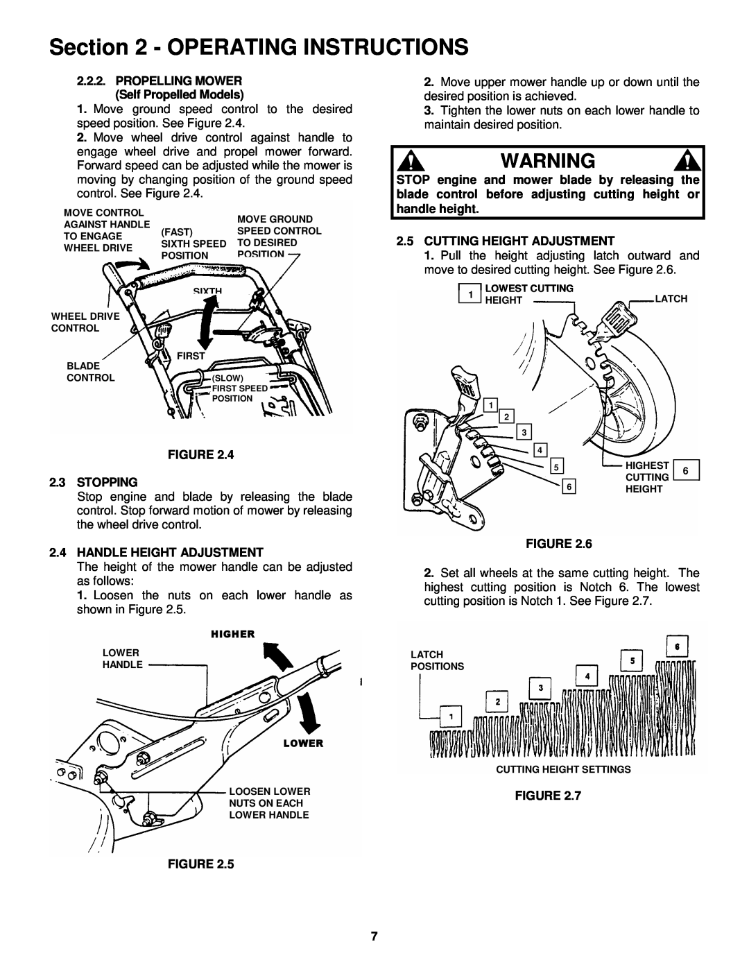 Snapper GP215512KWV Operating Instructions, 2.5CUTTING HEIGHT ADJUSTMENT, Figure, Stopping, Handle Height Adjustment 