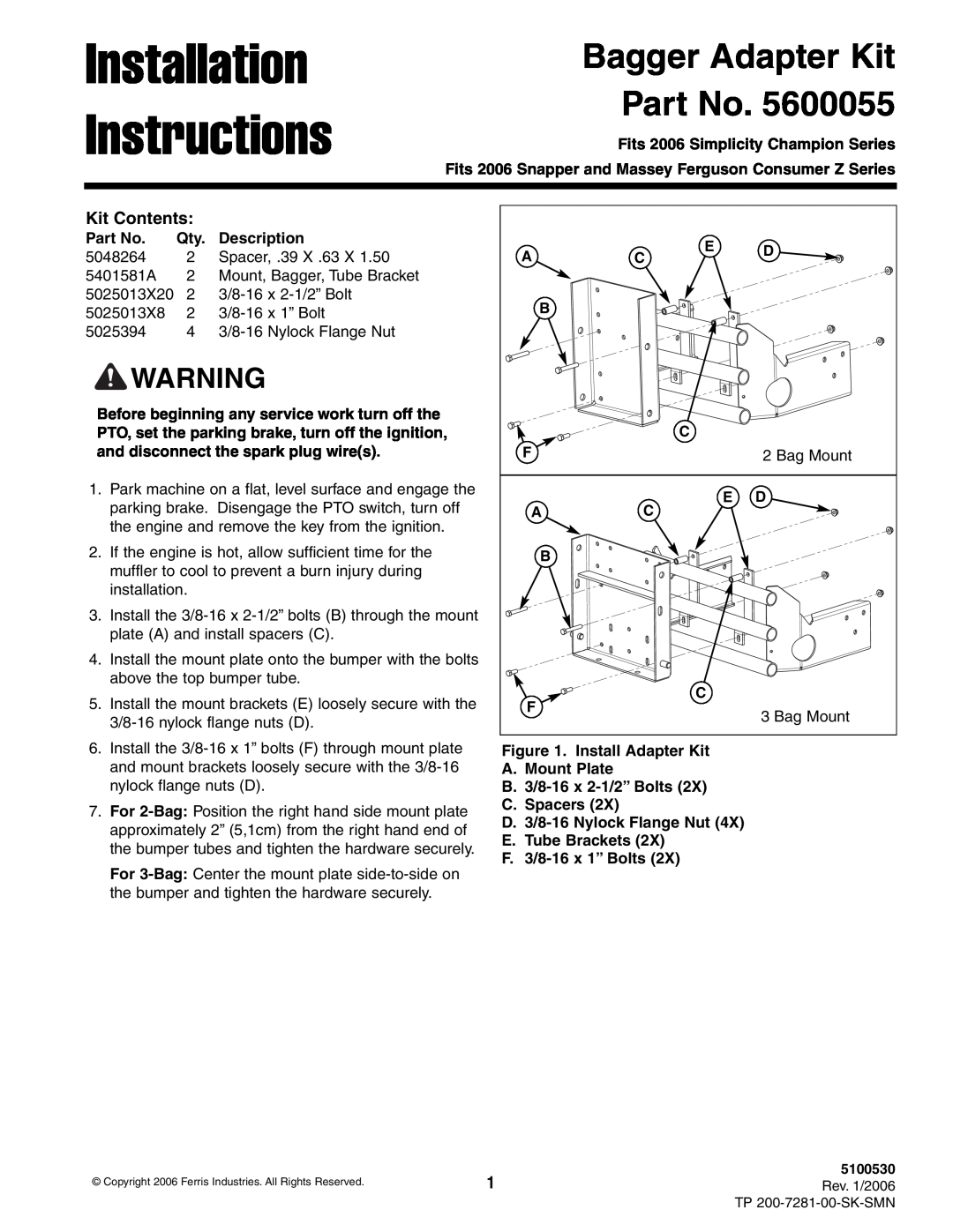 Snapper Z Series, Champion Series installation instructions Installation Instructions, Bagger Adapter Kit, Kit Contents 