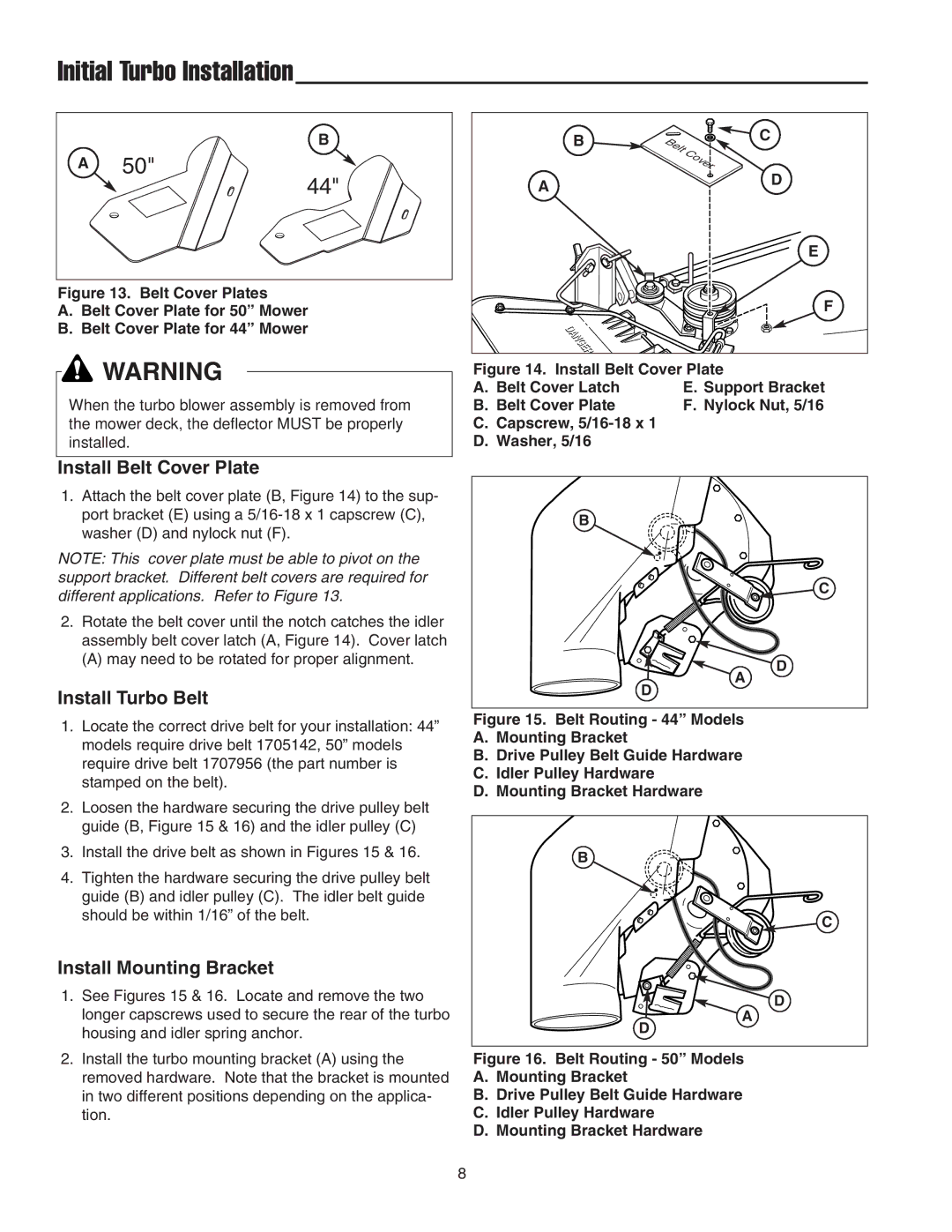 Snapper Clean Sweep Triple Catcher manual Install Belt Cover Plate, Install Turbo Belt, Install Mounting Bracket 