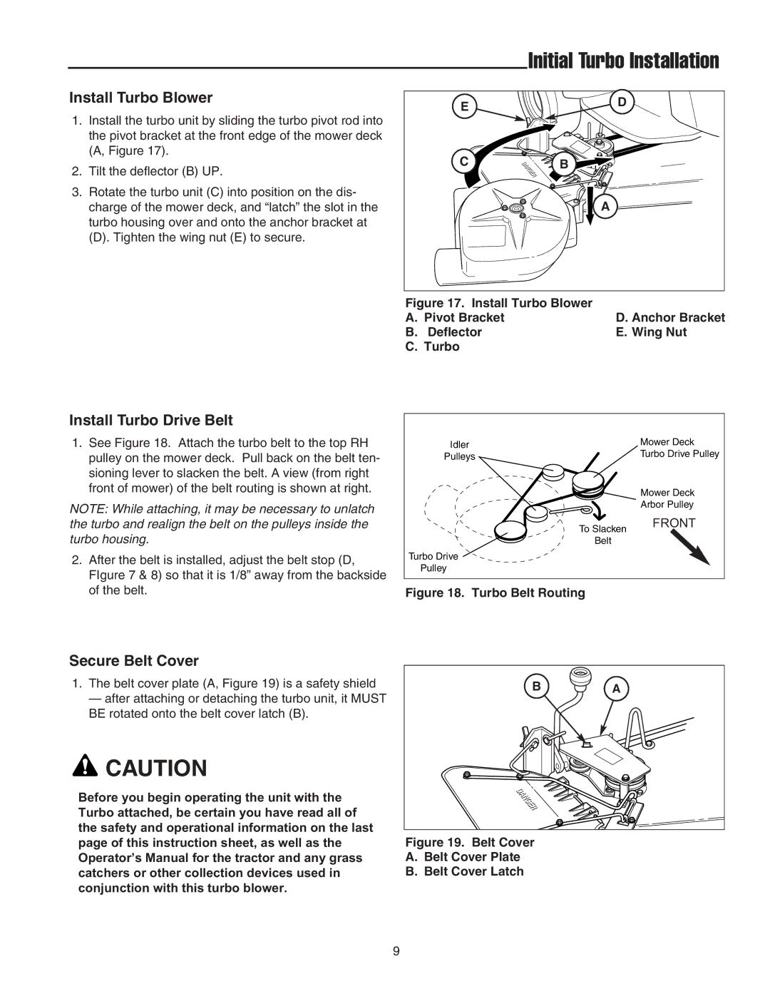 Snapper Clean Sweep Triple Catcher manual Install Turbo Blower, Install Turbo Drive Belt, Secure Belt Cover 