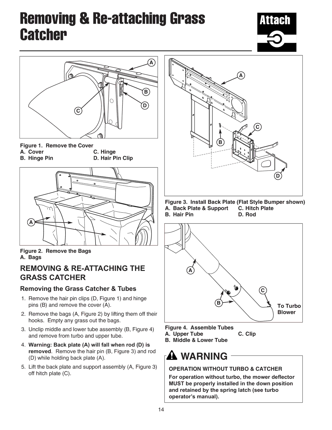 Snapper Clean Sweep Triple Catcher manual Removing & Re-attaching Grass Catcher, Removing & RE-ATTACHING the Grass Catcher 