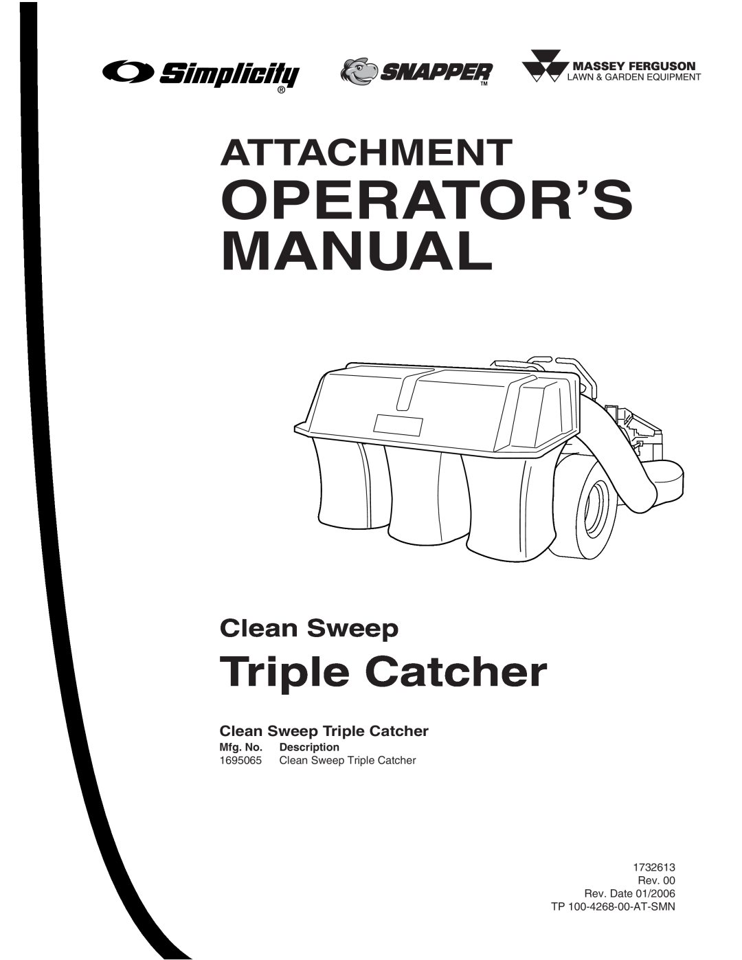 Snapper Clean Sweep Triple Catcher manual Operator’S Manual, Attachment, Mfg. No. Description, TP 100-4268-00-AT-SMN 