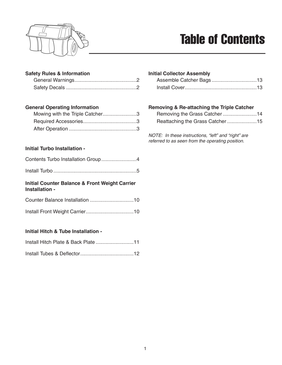Snapper Clean Sweep Triple Catcher manual Table of Contents 