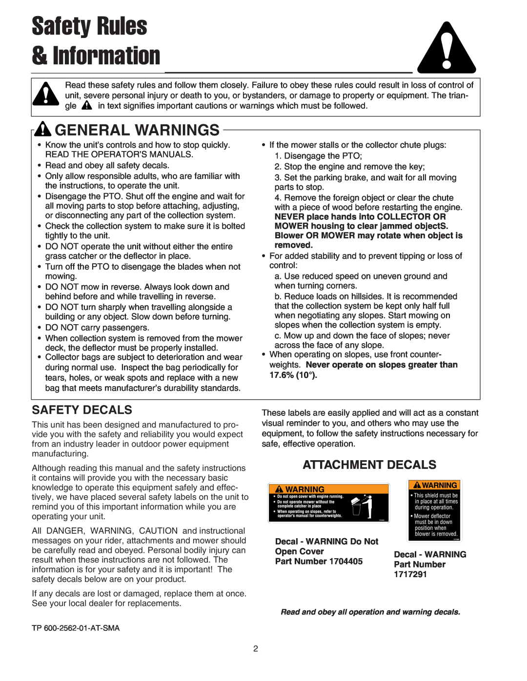 Snapper Clean Sweep Triple Catcher manual Safety Rules Information, Safety Decals, Attachment Decals, General Warnings 