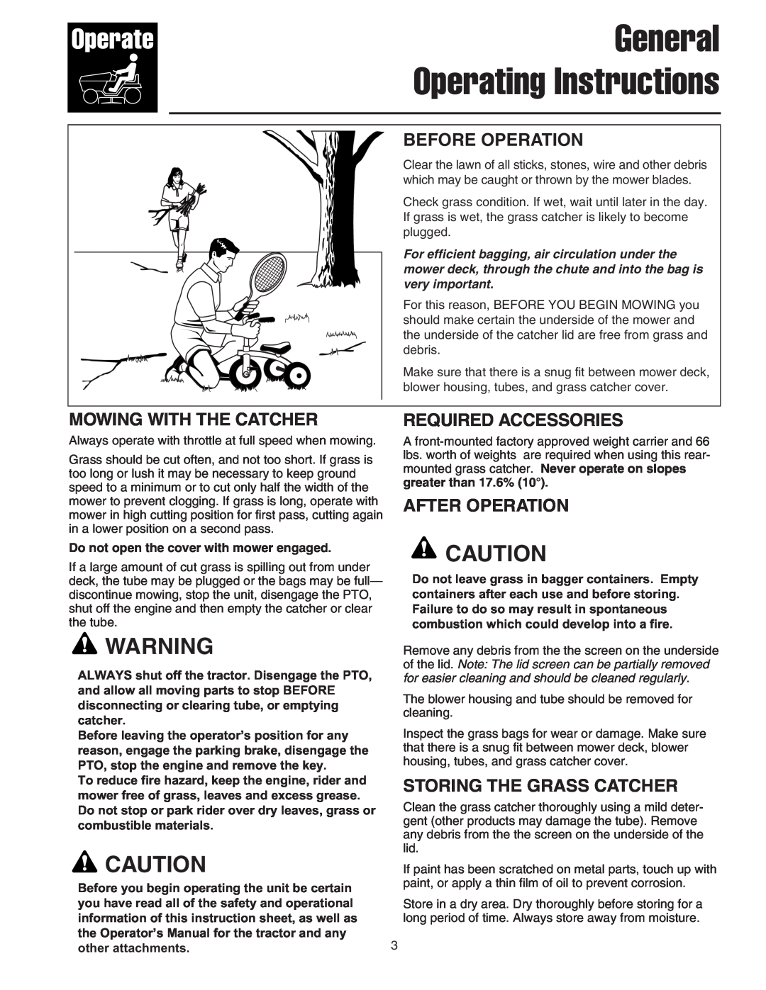 Snapper Clean Sweep Triple Catcher manual General Operating Instructions, Before Operation, Mowing With The Catcher 