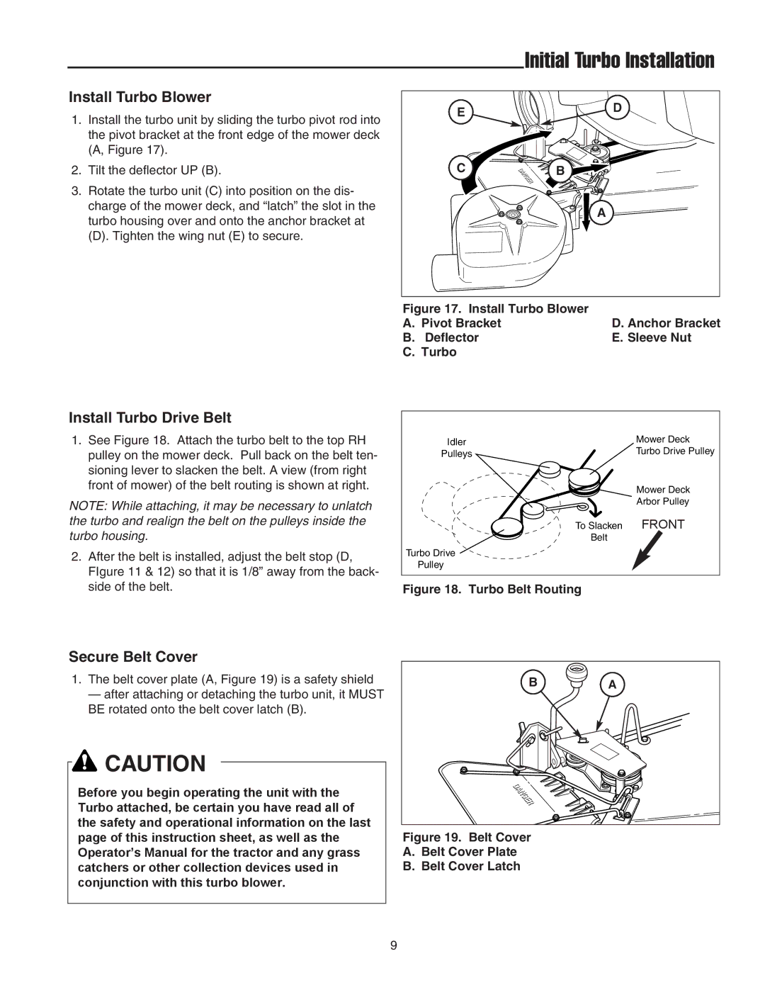 Snapper Clean Sweep Twin Catcher manual Install Turbo Blower, Install Turbo Drive Belt, Secure Belt Cover 