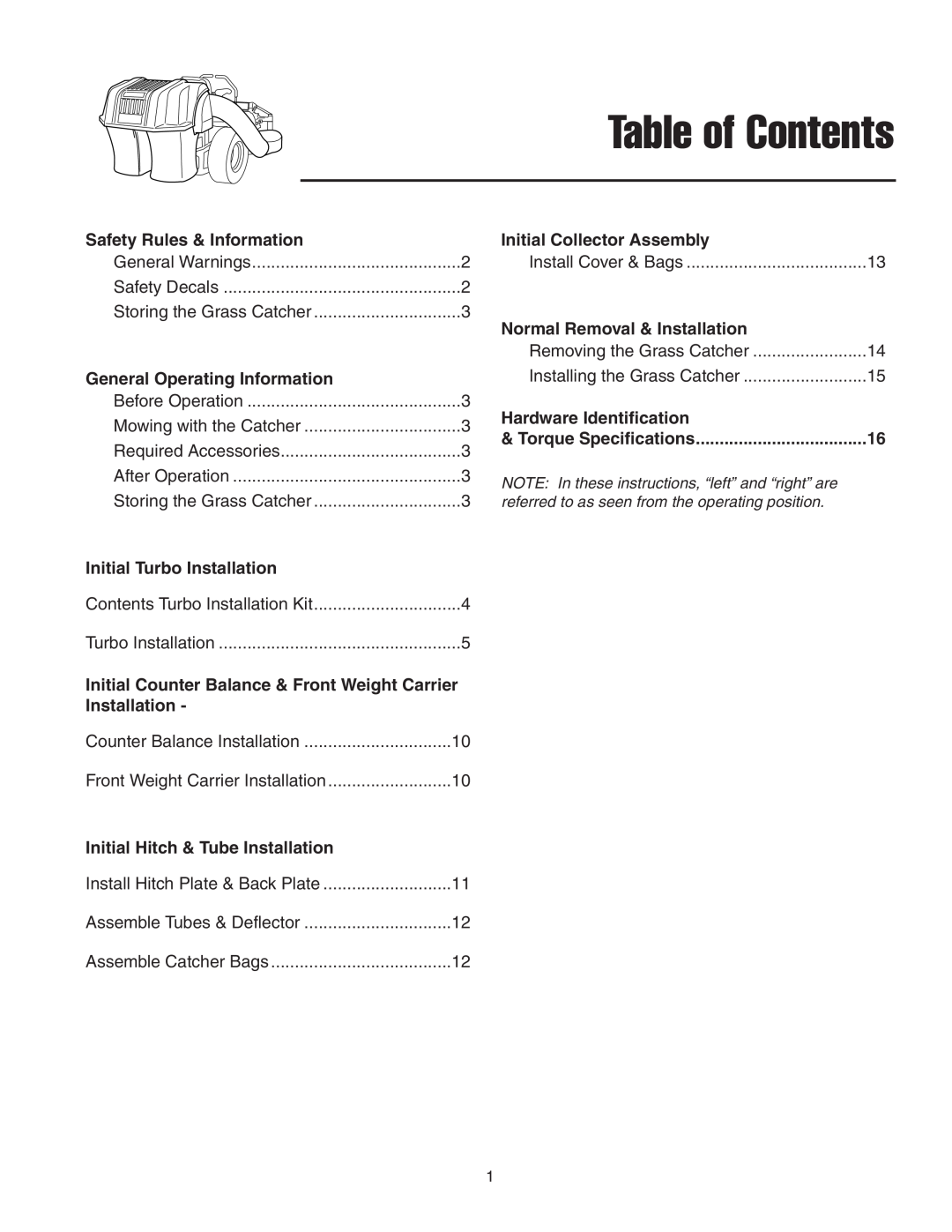 Snapper Clean Sweep Twin Catcher manual Table of Contents 