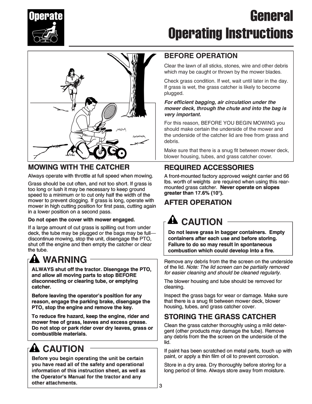 Snapper Clean Sweep Twin Catcher manual General Operating Instructions, Before Operation, Mowing With The Catcher 