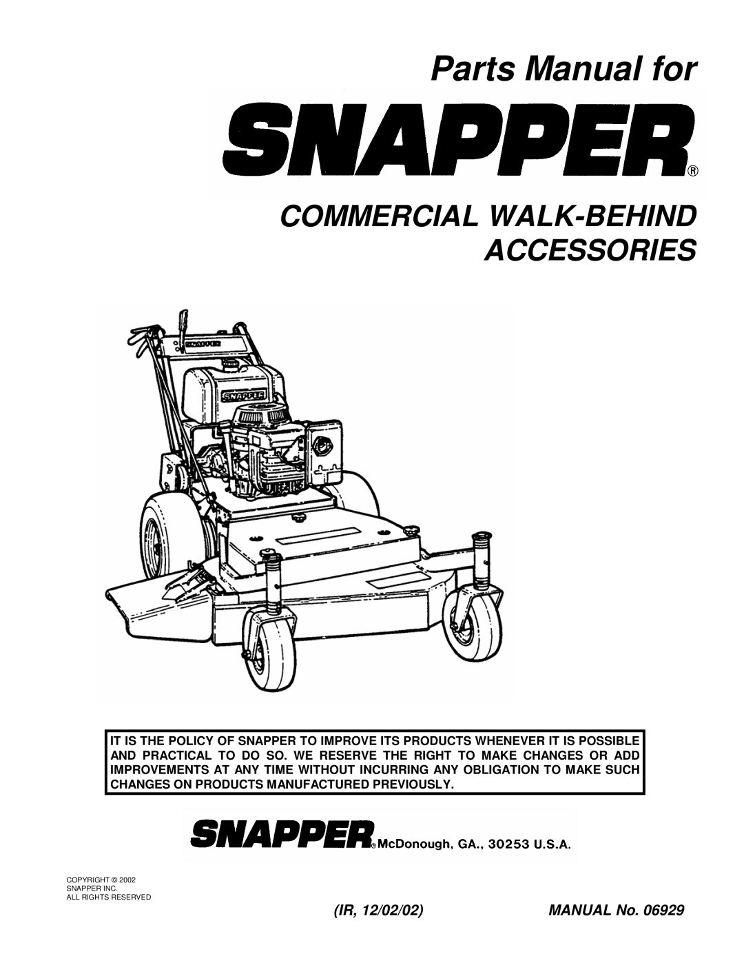 Snapper COMMERCIAL WALK-BEHIND manual Parts Manual for 