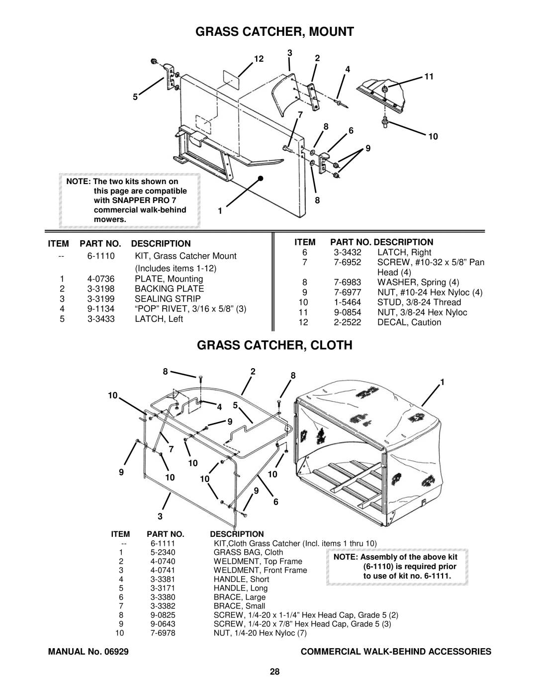 Snapper COMMERCIAL WALK-BEHIND manual Grass CATCHER, Mount, Backing Plate Sealing Strip 