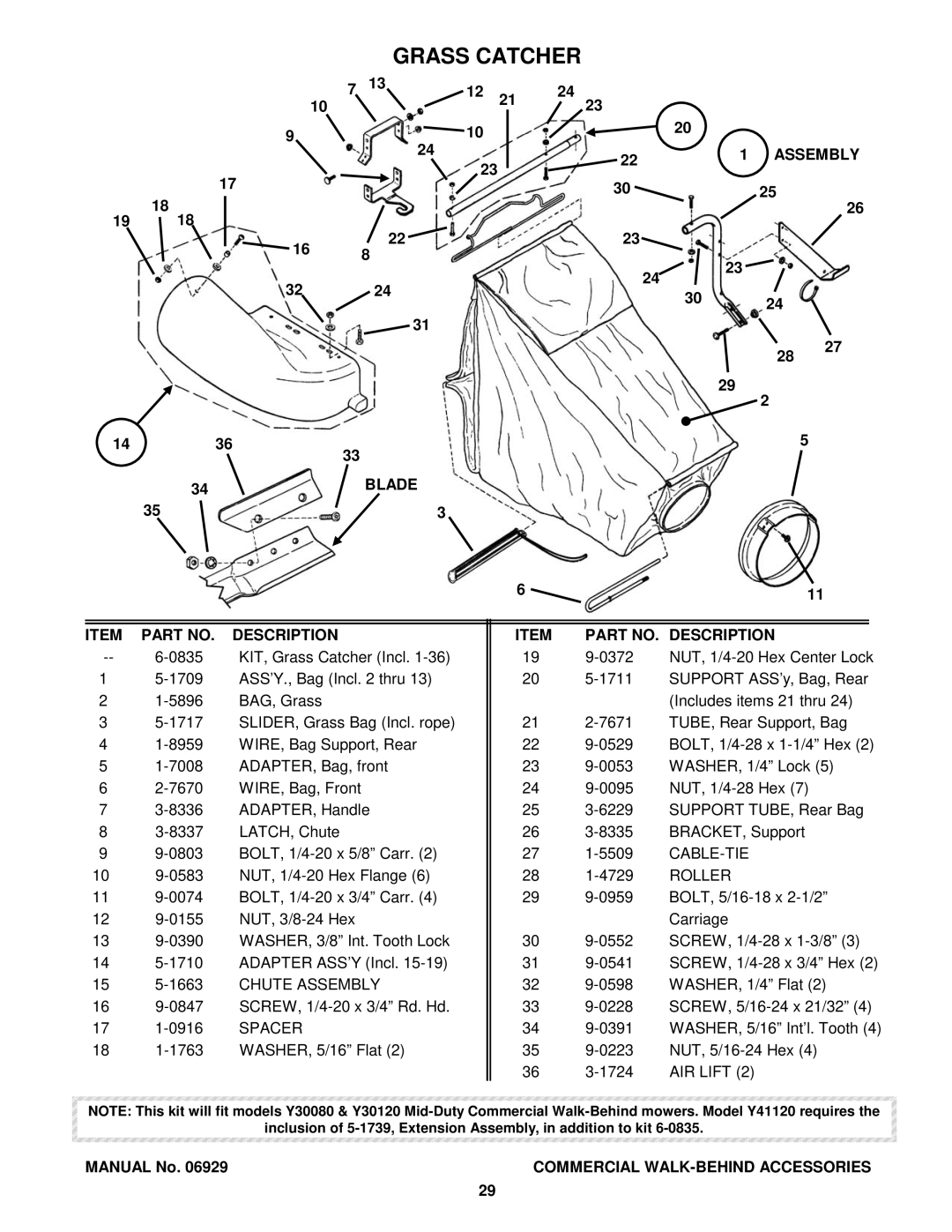 Snapper COMMERCIAL WALK-BEHIND manual Grass Catcher, Assembly, Blade Description Part NO. Description 