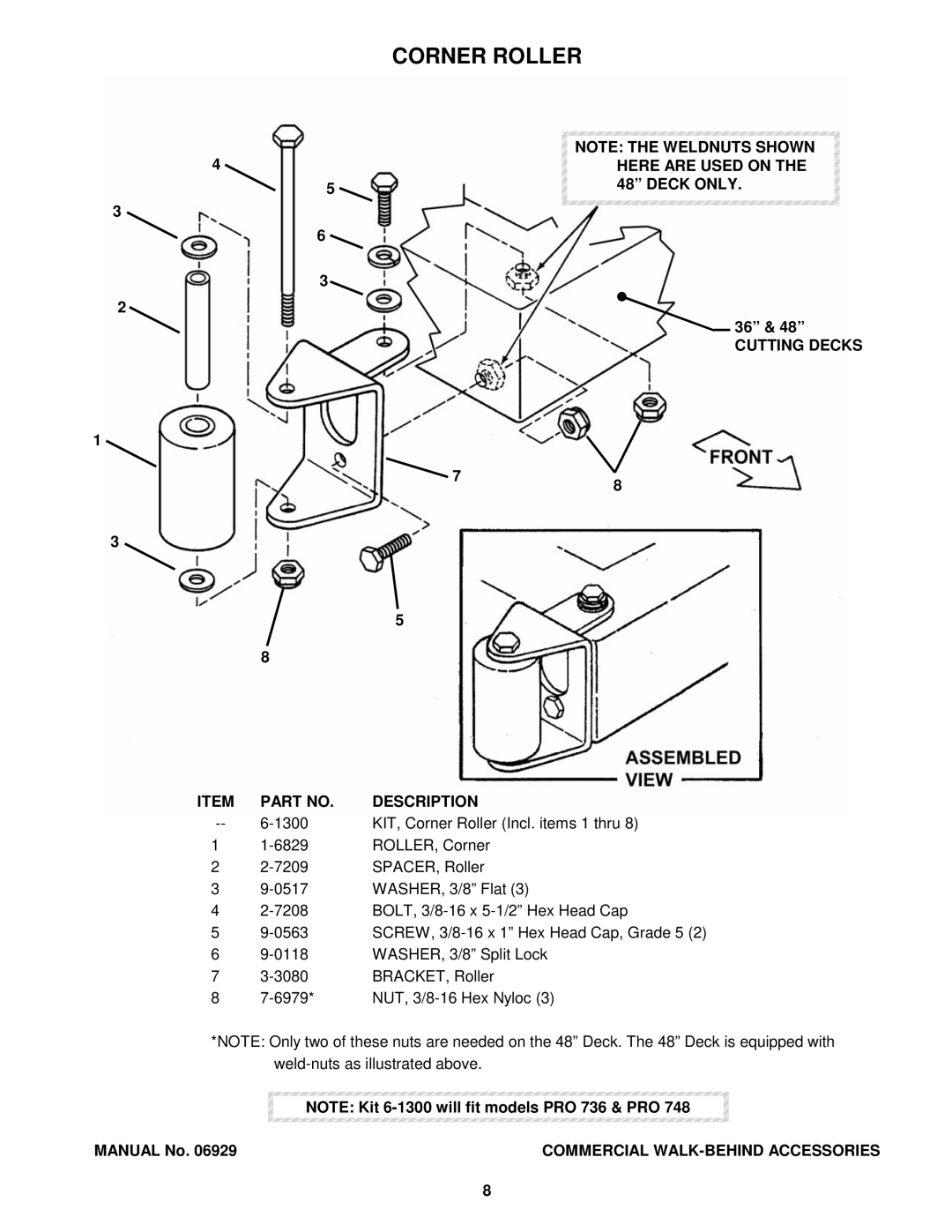 Snapper COMMERCIAL WALK-BEHIND manual Corner Roller, Item Part no Description Cutting Decks 