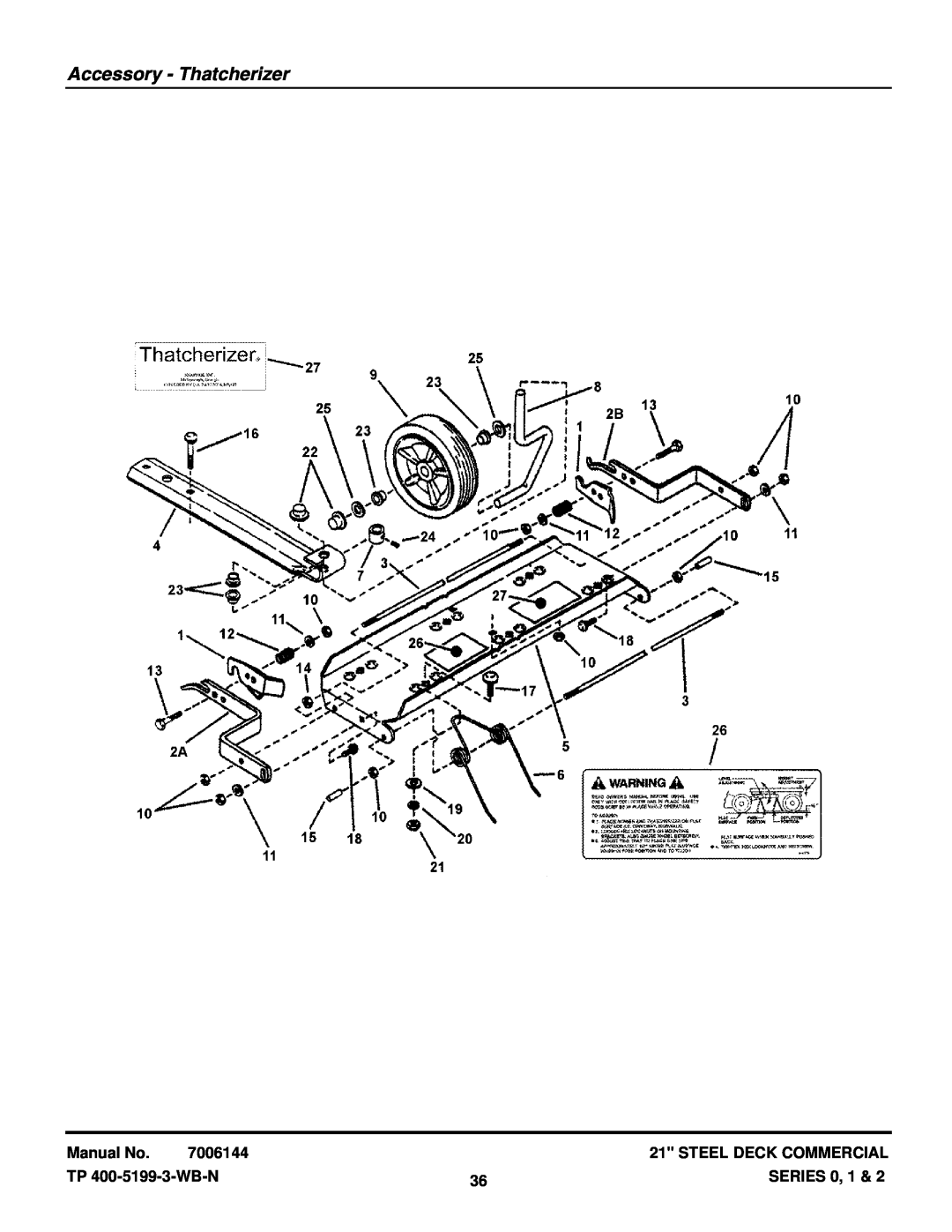 Snapper ECP21550V manual Accessory - Thatcherizer, Manual No, 7006144, Steel Deck Commercial, TP 400-5199-3-WB-N, SERIES 0 