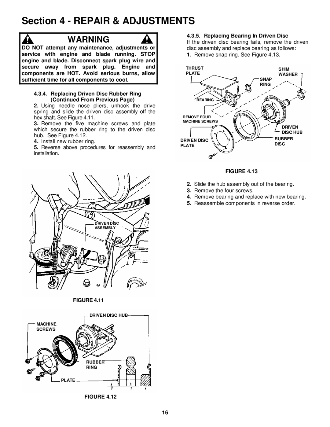 Snapper CP215017KWV, CP216017RV, CP214017R2 important safety instructions Replacing Bearing In Driven Disc 