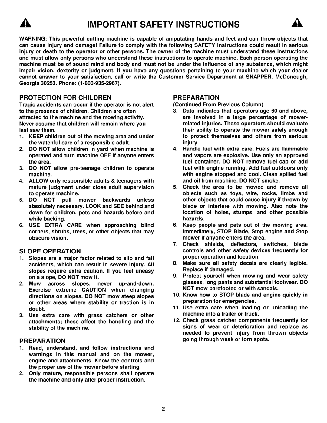 Snapper CP215017KWV, CP216017RV, CP214017R2, CP216017RV, CP215017KWV, CP215017HV, CP215517HV Important Safety Instructions 