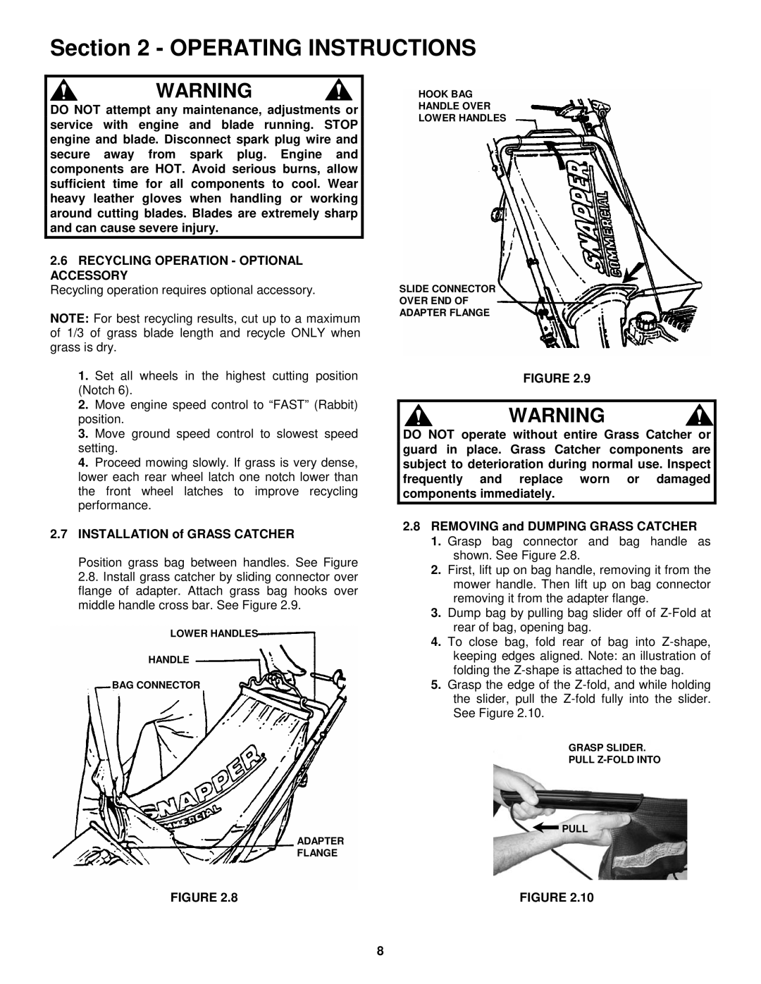 Snapper CP215017KWV, CP216017RV, CP214017R2 Recycling Operation Optional Accessory, Installation of Grass Catcher 