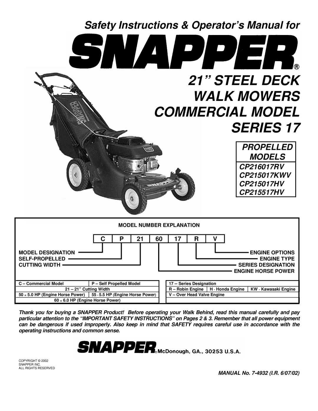 Snapper CP216017RV, CP215017KWV, CP215017HV, CP215017HV, CP215517HV important safety instructions 