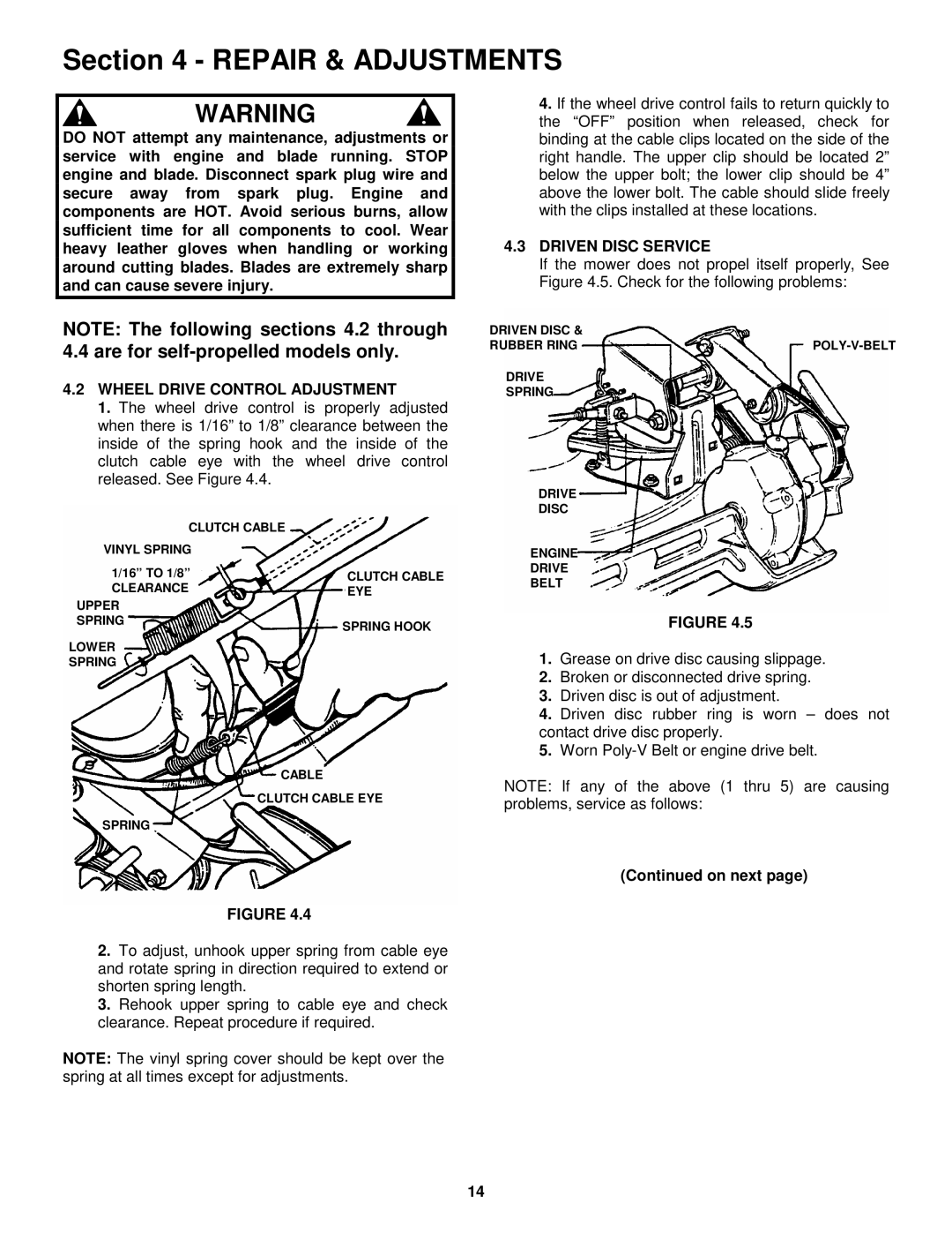 Snapper CP215517HV, CP216017RV, CP215017KWV, CP215017HV, CP215017HV Wheel Drive Control Adjustment, Driven Disc Service 