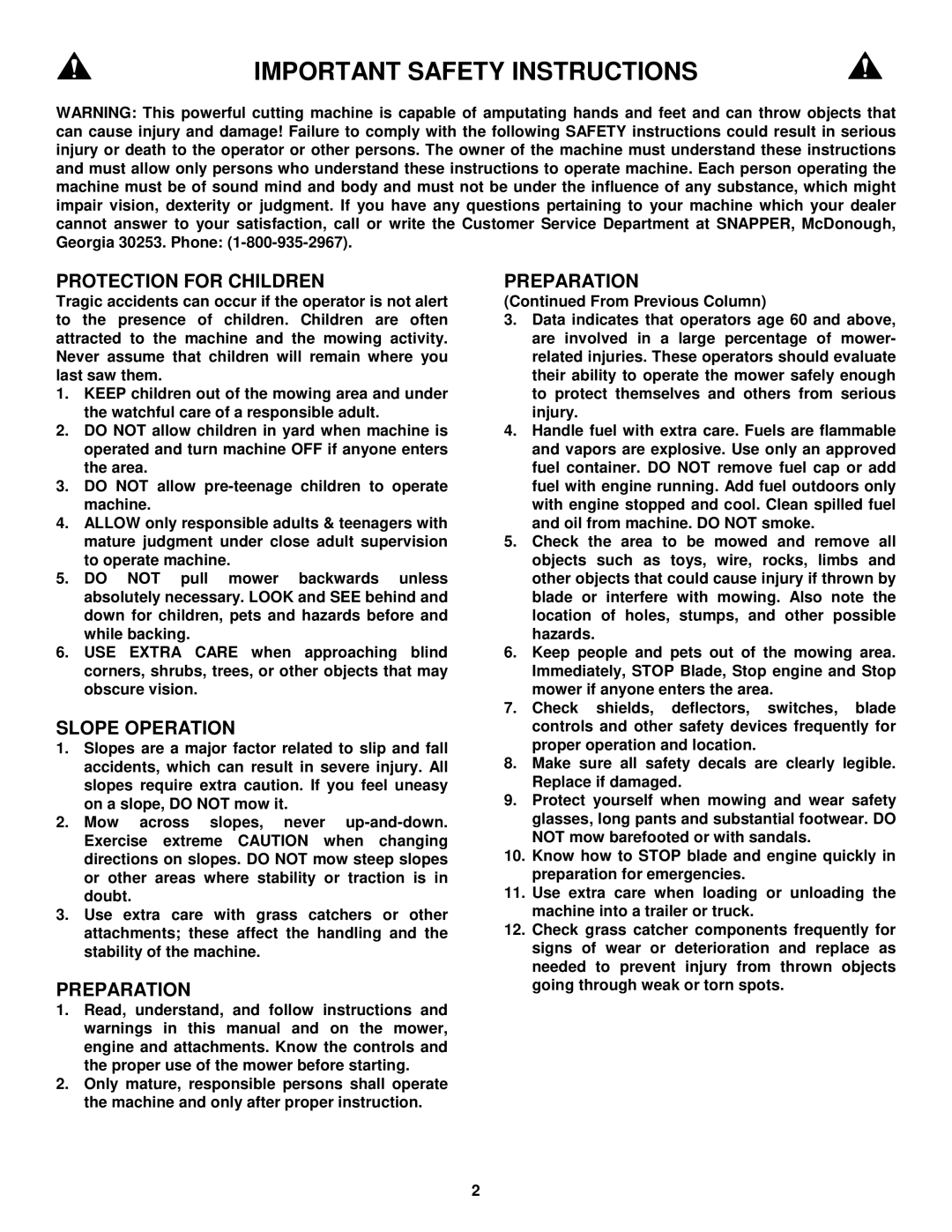 Snapper CP215517HV, CP216017RV, CP215017KWV, CP215017HV, CP215017HV Important Safety Instructions 