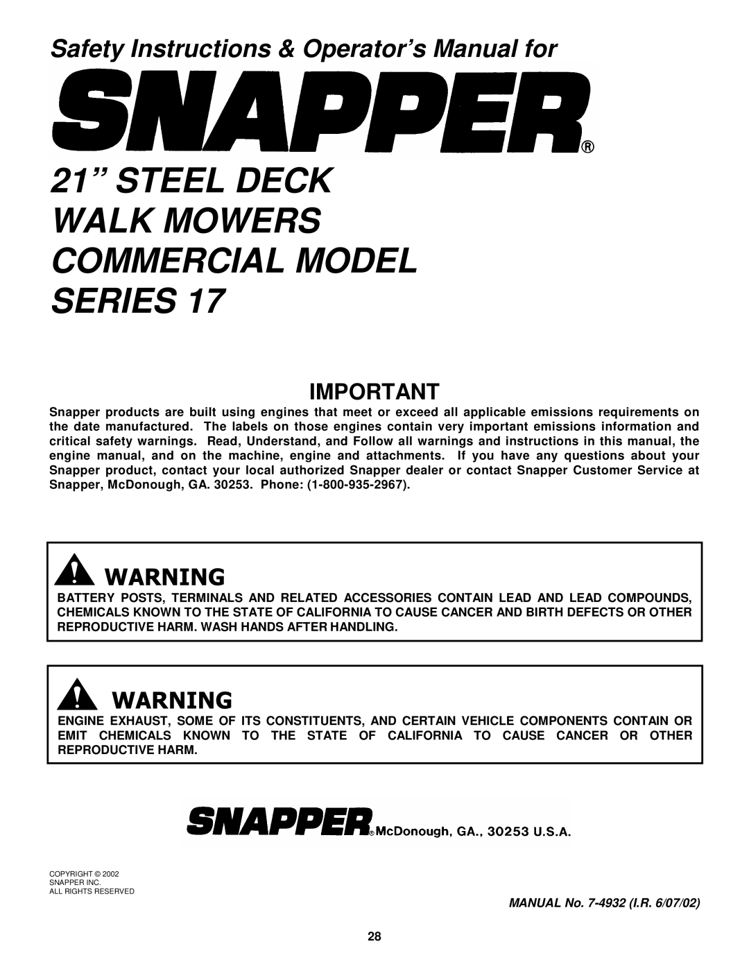 Snapper CP215517HV, CP216017RV, CP215017KWV, CP215017HV, CP215017HV Steel Deck Walk Mowers Commercial Model Series 