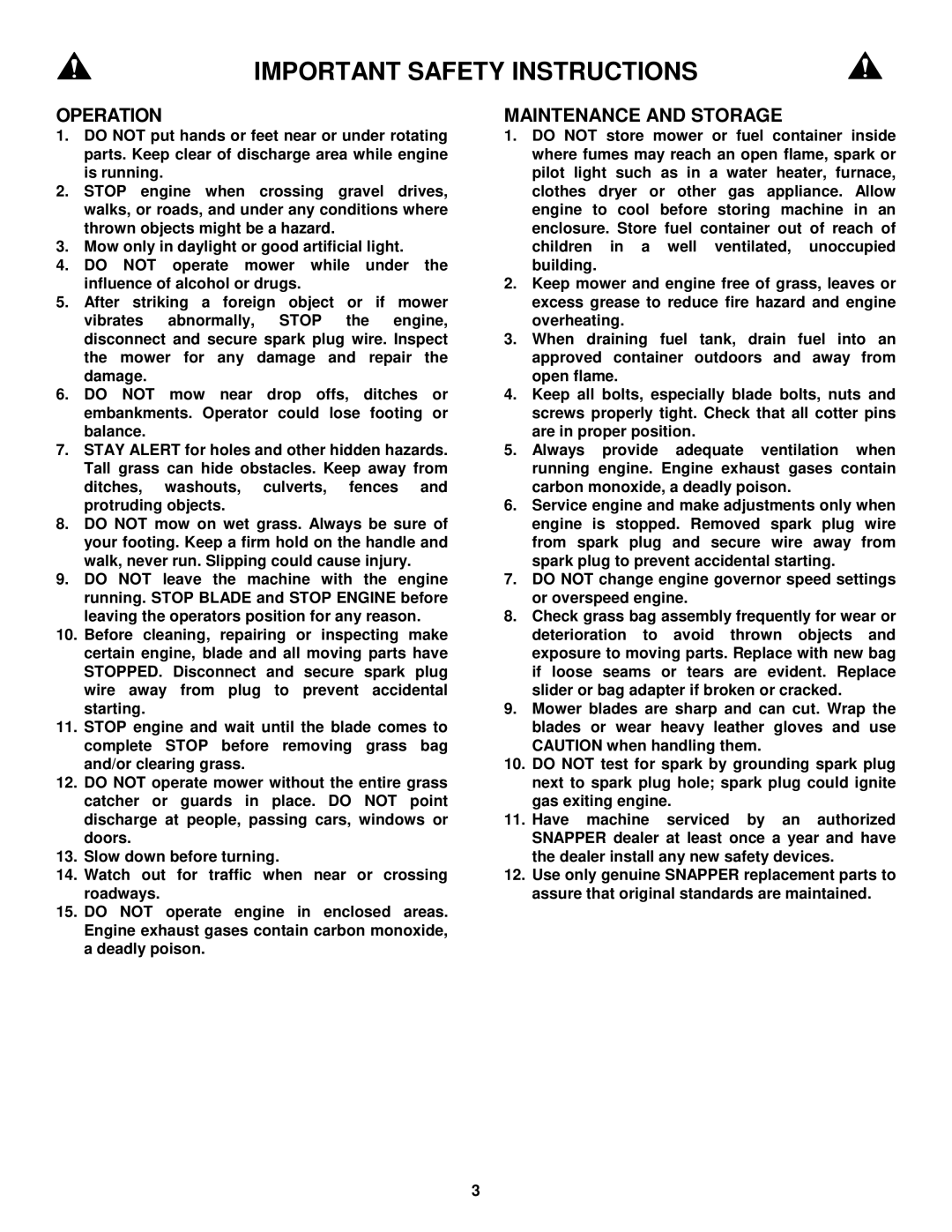 Snapper CP216017RV, CP215017KWV, CP215017HV, CP215017HV, CP215517HV important safety instructions Operation 